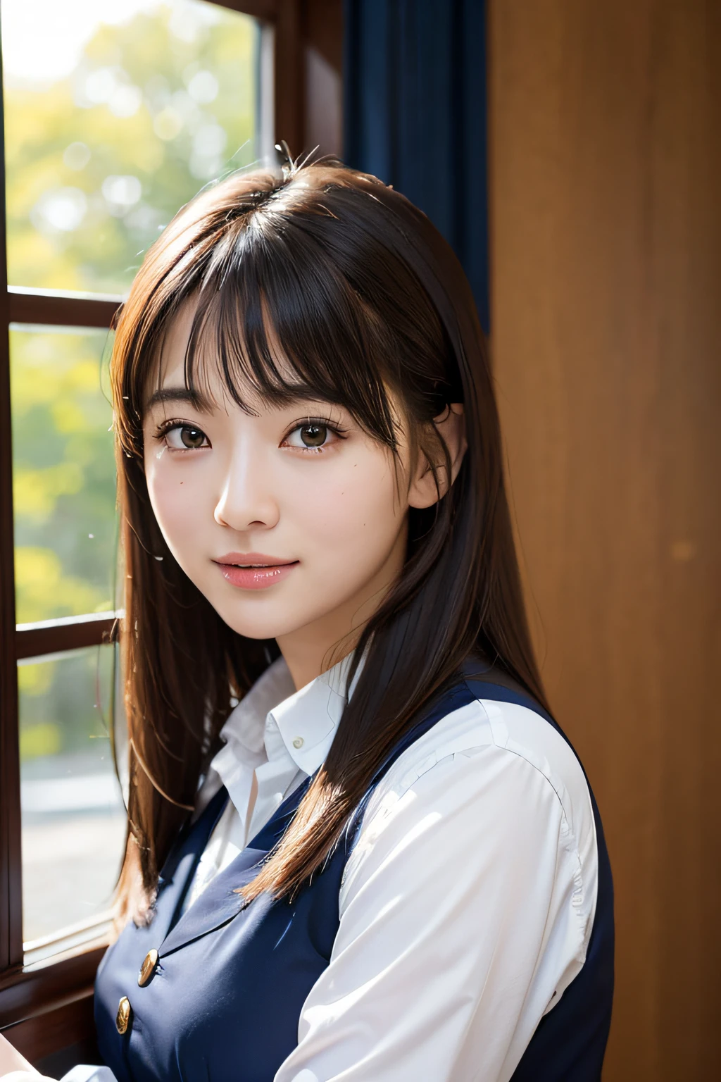 top-quality、masterpiece、The bikini、超A high resolution、(Photorealsitic:1.4)、A highly detailed、Professional lighting smile、1人、a matural female、a picture、realisticlying、top-quality、adopt、A detailed face、school、Building from the window、细致背景、diffuse sunlight、depth of fields、Bokeh
