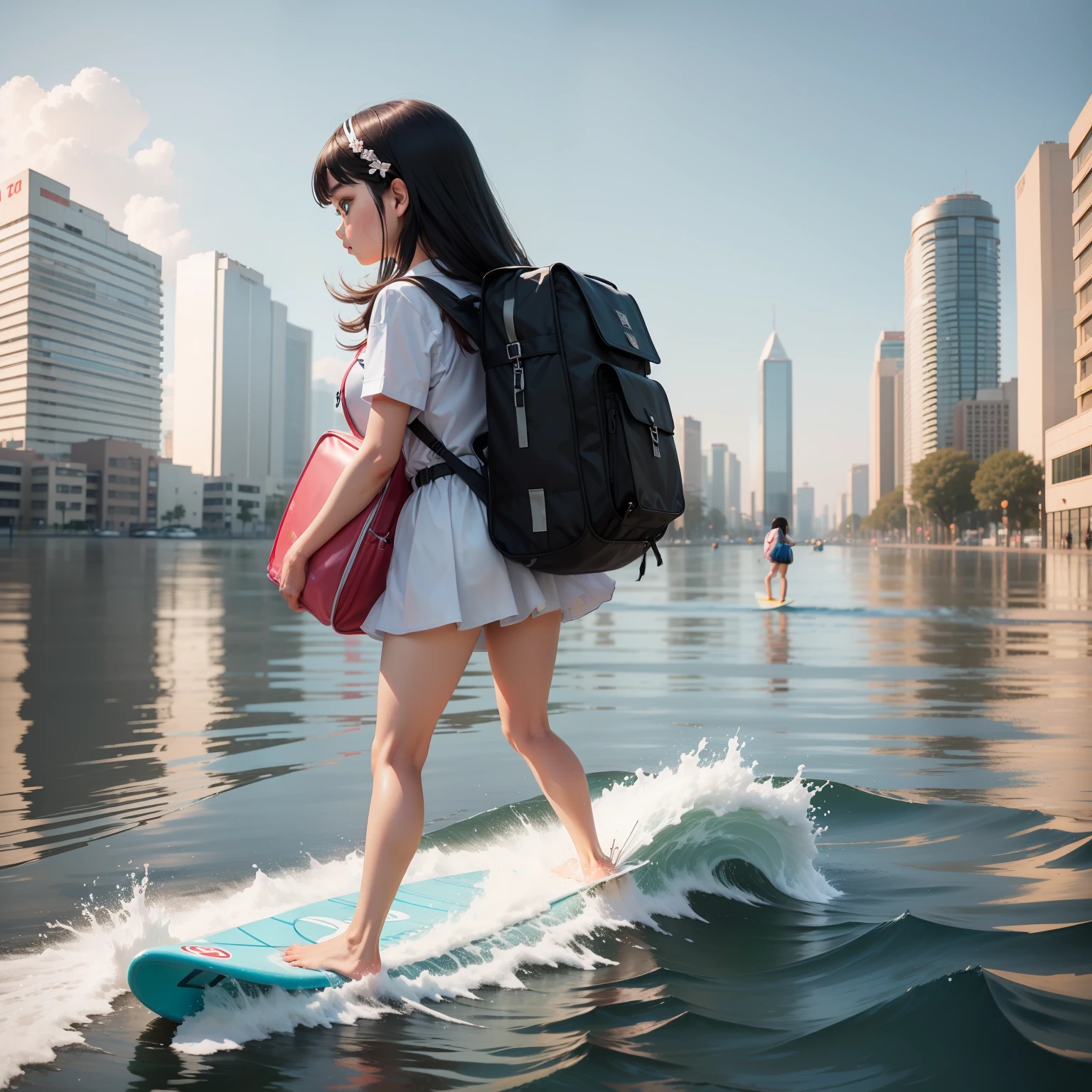 There is a lot of water on the streets,1 girl surfing with school bag,The background is the city's high-rise buildings,chibi girl,Plastic cover,Full body like,Moe new big avatar