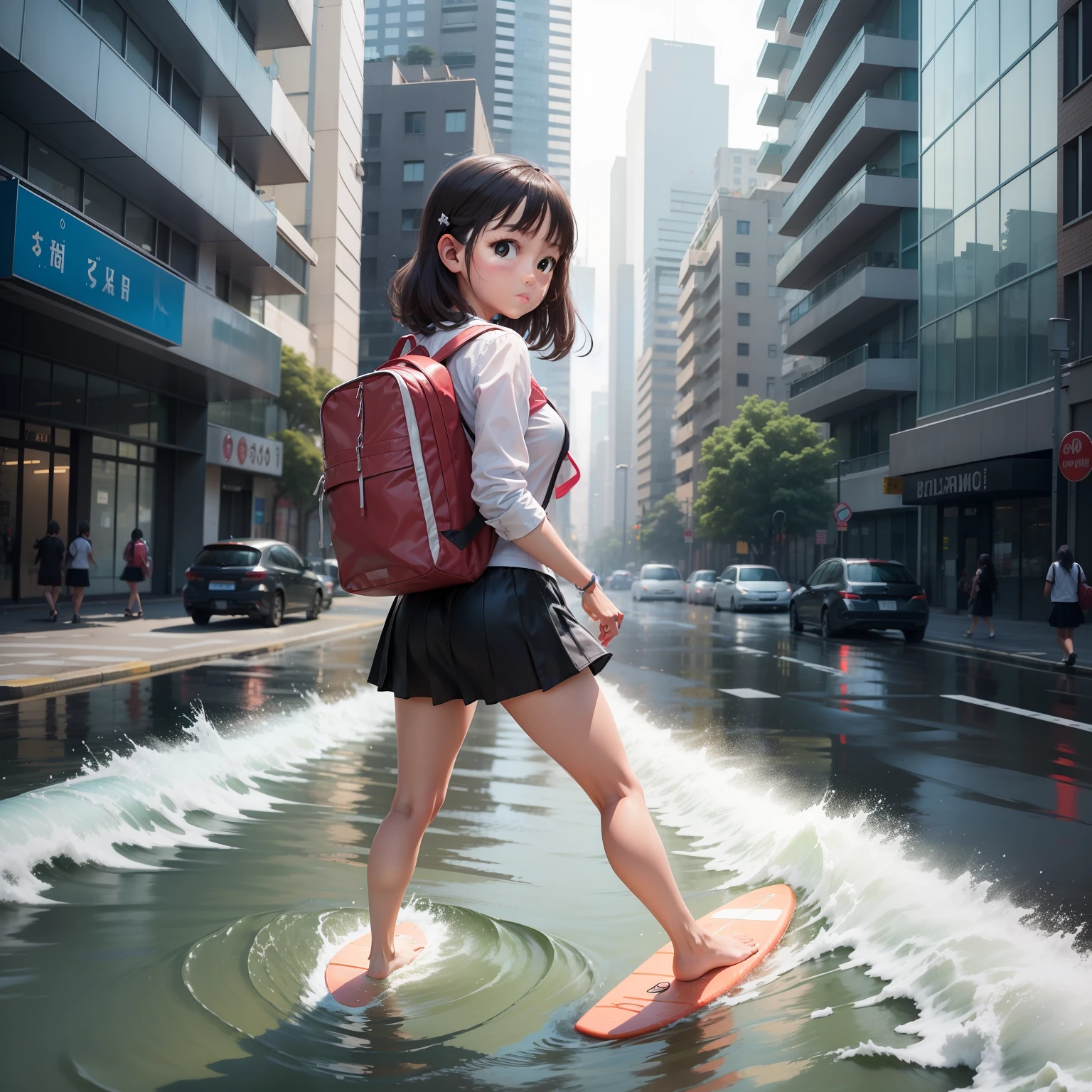 There is a lot of water on the streets,1 girl surfing with school bag,The background is the city's high-rise buildings,chibi girl,Plastic cover,Full body like,Moe new big avatar