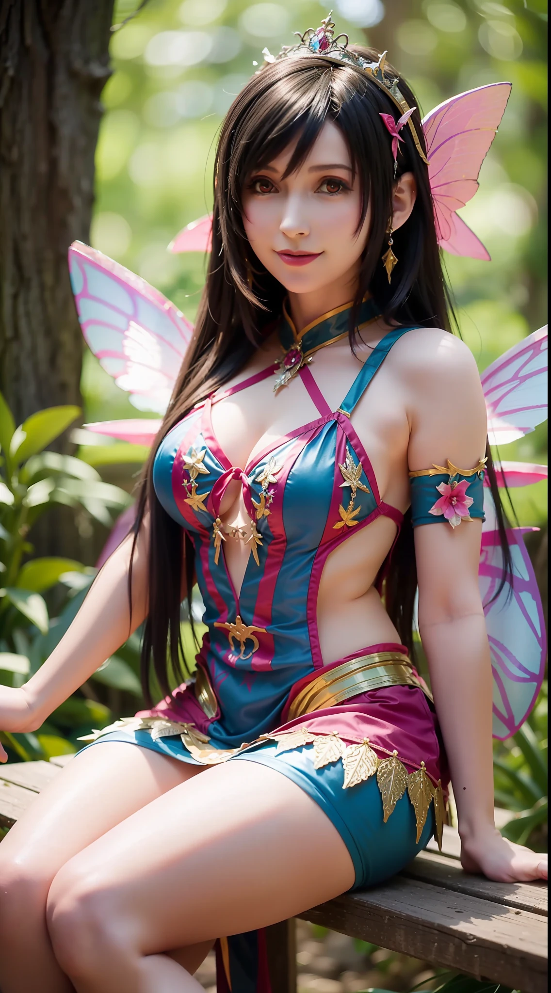 there is a woman that is sitting down on a bench，Dressed in fairy costumes, Anime cosplay, Anime girl cosplay, smiling as a queen of fairies, portrait of a fairy, Beautiful fairy, forest fairy, fairy core, faeries, beautiful fairie, beautiful adult fairy, Gorgeous Role Play, portrait of fairy, astral fairy, fairy queen, cosplay, cosplay foto
