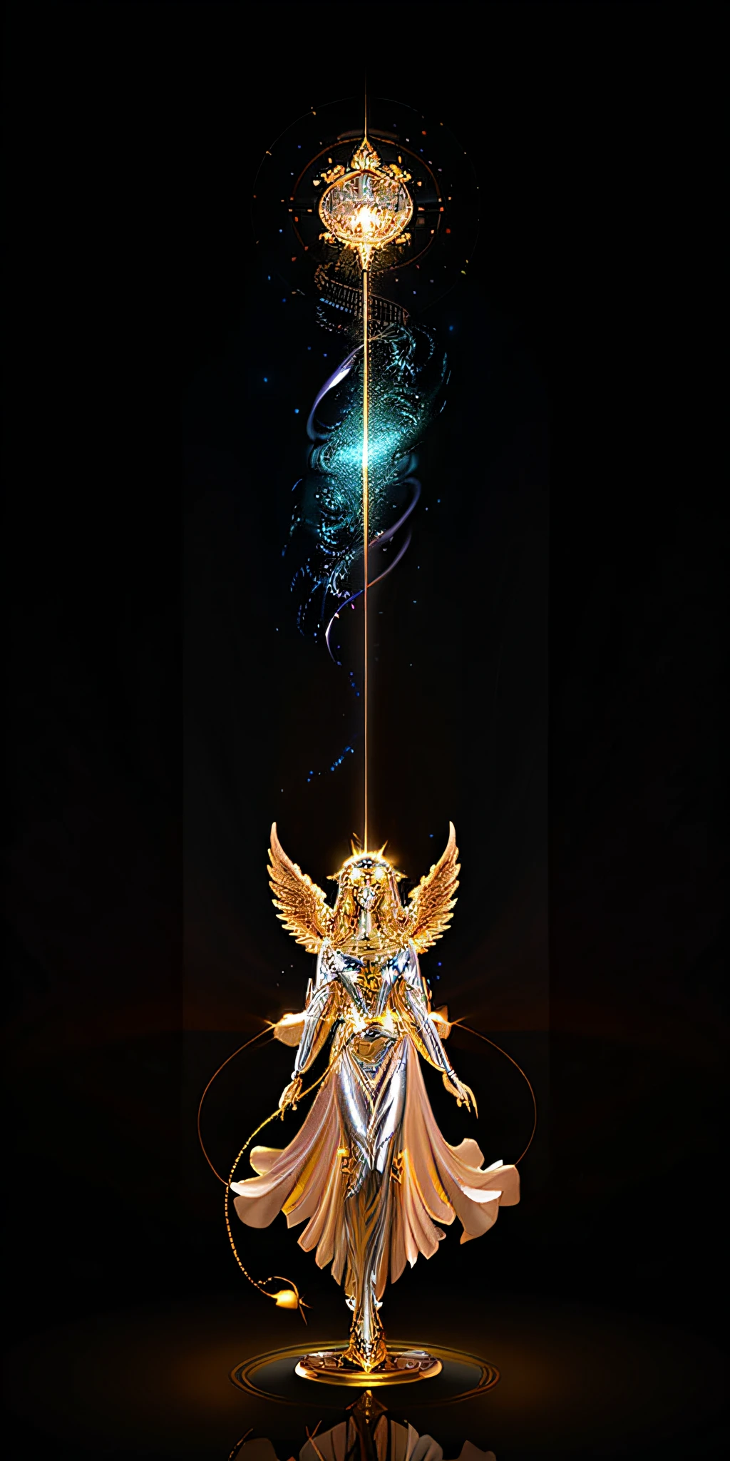 Close-up of a man holding a lamp in his hand, detailed cosmic angelic robot, Goddess of Light, angelic golden armor, glowing angelic being, Elemental Guardians of Life, Goddess. Extremely high detail, glowing golden aura, extremely detailed goddess shot, elven angel meditating in space, aura of power. Detailed, God. Dramatic golden-blue lighting
