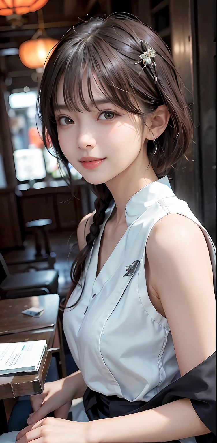 Masterpiece, 1 Beautiful Girl, Detailed Eyes, Swollen Eyes, Best Quality, Ultra High Resolution, (Reality: 1.4), Original Photo, 1Girl, Cinematic Lighting, Smiling, Japanese, Asian Beauty, Korean, Clean, Super Beautiful, Beautiful Skin, Slender, Cyberpunk Background, (Ultra Realistic ), (high resolution), (8K), (very detailed), (best illustration), (beautifully detailed eyes), (super detailed), (wallpaper), (detailed face), viewer looking, fine details, detailed face, pureerosfaceace_v1, smiling, 46 point slanted bangs, looking straight ahead, neat clothes, dark colored eyes, sleeveless, body facing front, short hair, brown hair, divine messenger,