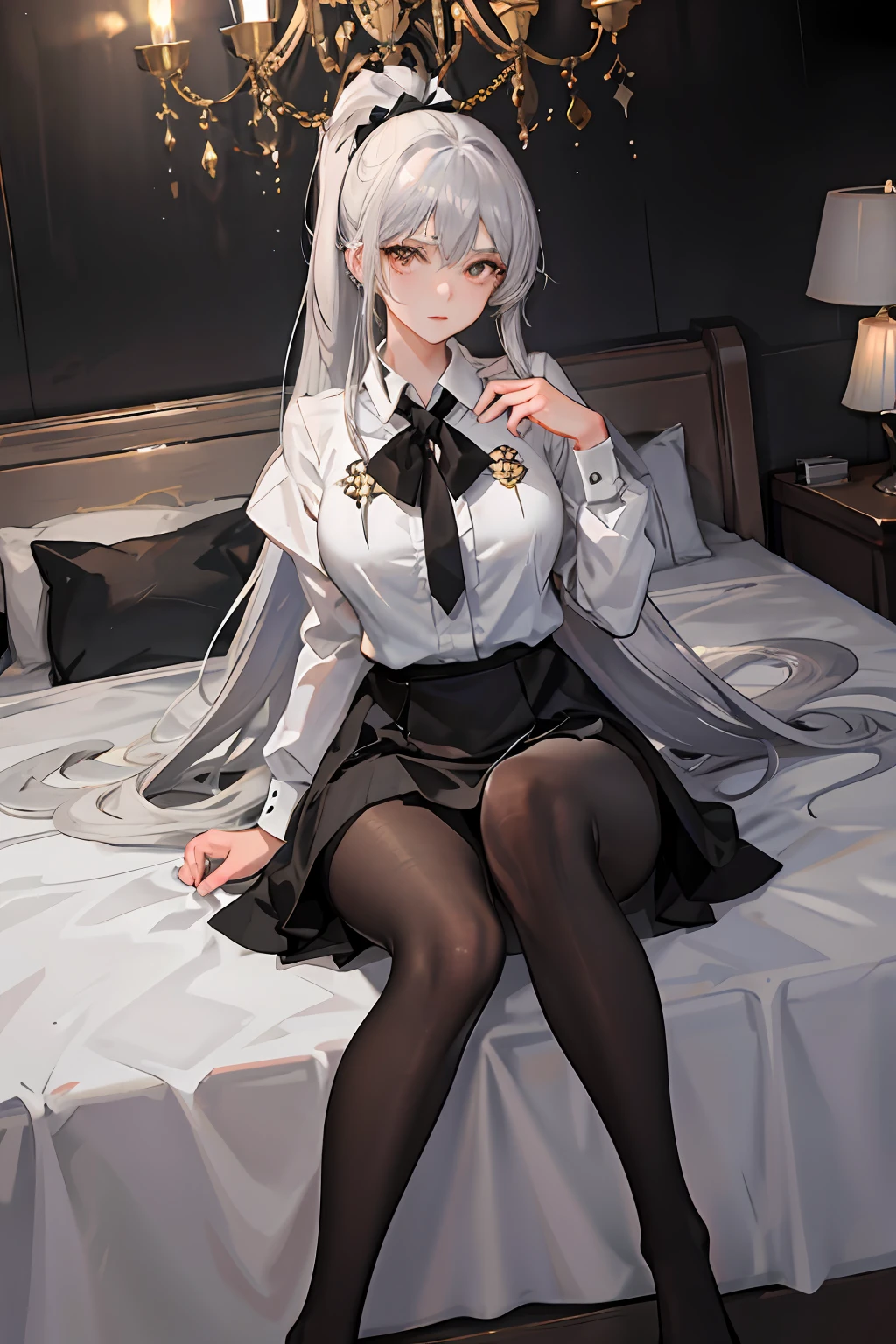 （（（1个Giant Breast Girl）），Ray traching，（dim murky lights），[detailedbackground（Bedrooms）），（（Silvery hair）），（（Silvery hair）），（（（（（Fluffy silver hair，plump and slender girl））Wears a high ponytail）））Avoid golden eyes in the ominous bedroom（（（（Girl wears white shirt，Black wrinkled skirt，Wear yours with black sheer pantyhose），It shows a delicate and slender figure and beautiful curves，Correct limbs，