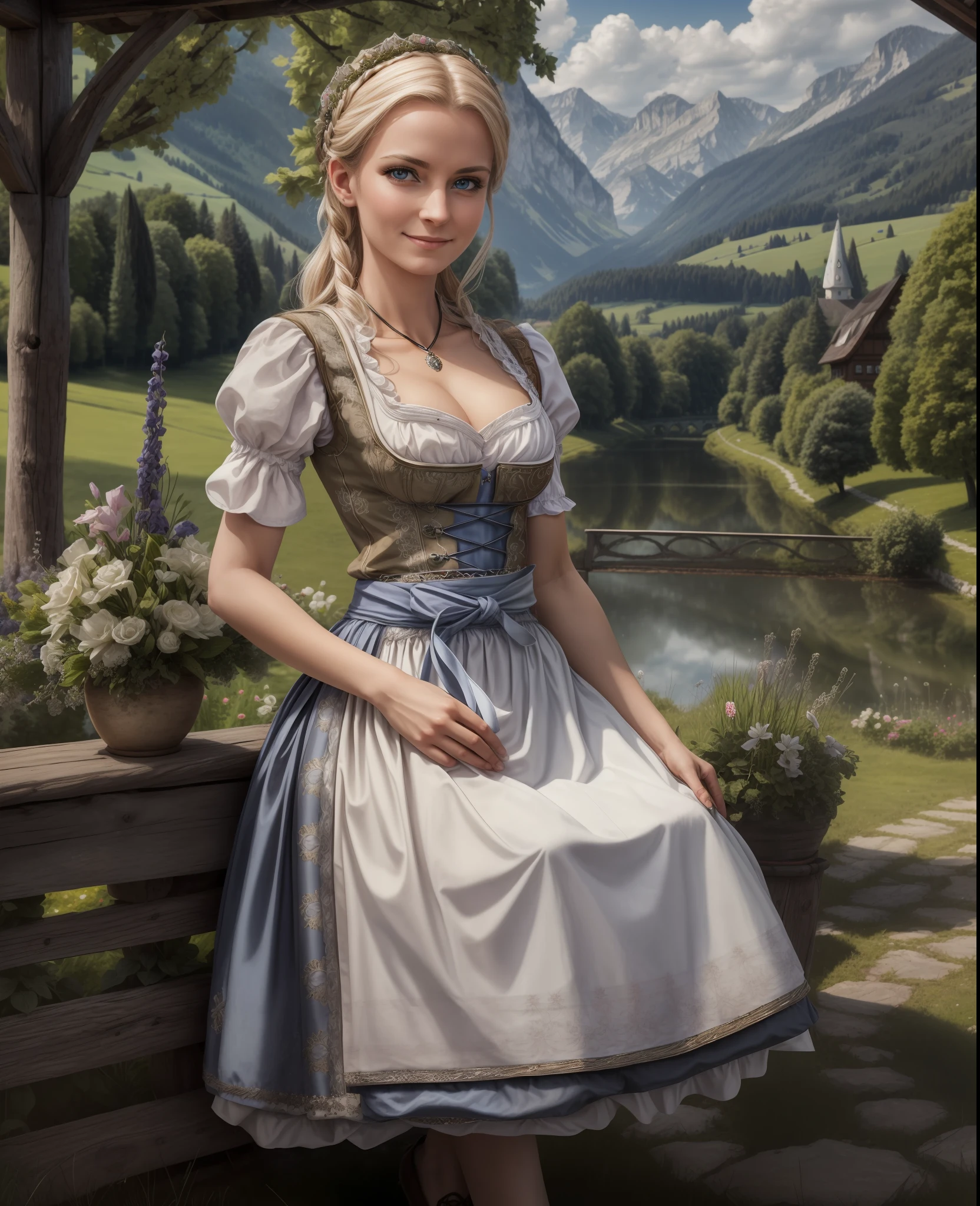 Masterpiece, absurdres, fine detail, HDR, highly detailed face and eyes, photorealistic, dirndl, a woman in traditional bavarian dress poses for a picture , german woman, wearing a dirndl,