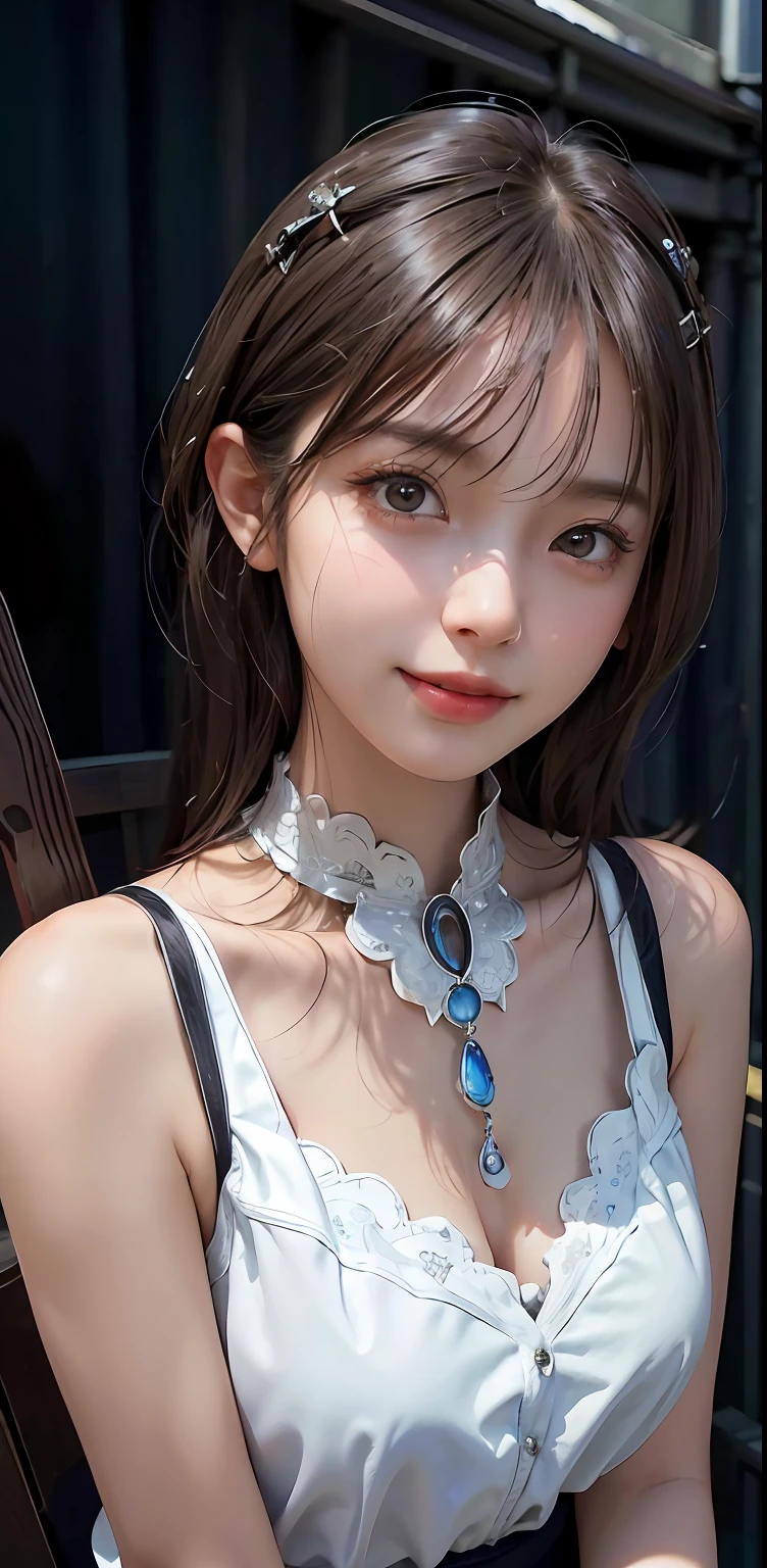 Masterpiece, 1 Beautiful Girl, Detailed Eyes, Swollen Eyes, Best Quality, Ultra High Resolution, (Reality: 1.4), Original Photo, 1Girl, Cinematic Lighting, Smiling, Japanese, Asian Beauty, Korean, Clean, Super Beautiful, Beautiful Skin, Slender, Cyberpunk Background, (Ultra Realistic ), (high resolution), (8K), (very detailed), (best illustration), (beautifully detailed eyes), (super detailed), (wallpaper), (detailed face), viewer looking, fine details, detailed face, pureerosfaceace_v1, smiling, 46 point slanted bangs, looking straight ahead, neat clothes, dark colored eyes, sleeveless, body facing front, short hair, brown hair, divine messenger,