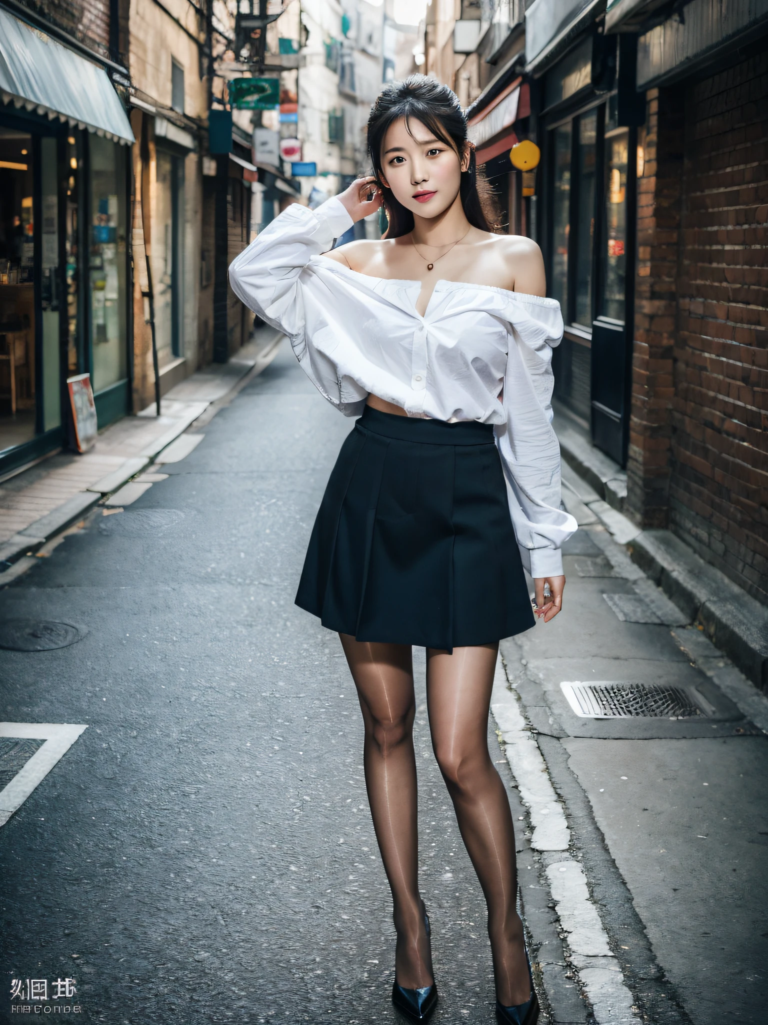 ,(RAW photo:1.2), (Photorealistic:1.4), Beautiful Meticulous Girl, very detailed eyes and faces, Beautiful detailed eyes, ultra - detailed, A high resolution, The is very detailed,best qualtiy,tmasterpiece,The shirt,a skirt,illustratio,The is very detailed,unified,8k 壁纸,finely detailled,tmasterpiece,best qualtiy,Unity8k wallpapers,light in face,cinmatic lighting, 1girll, ,(Camel toes),(full bodyesbian),are standing,an off-the-shoulder top,鎖骨,Bigchest,black short skirt,black lence stockings,high-heels,the street,城市