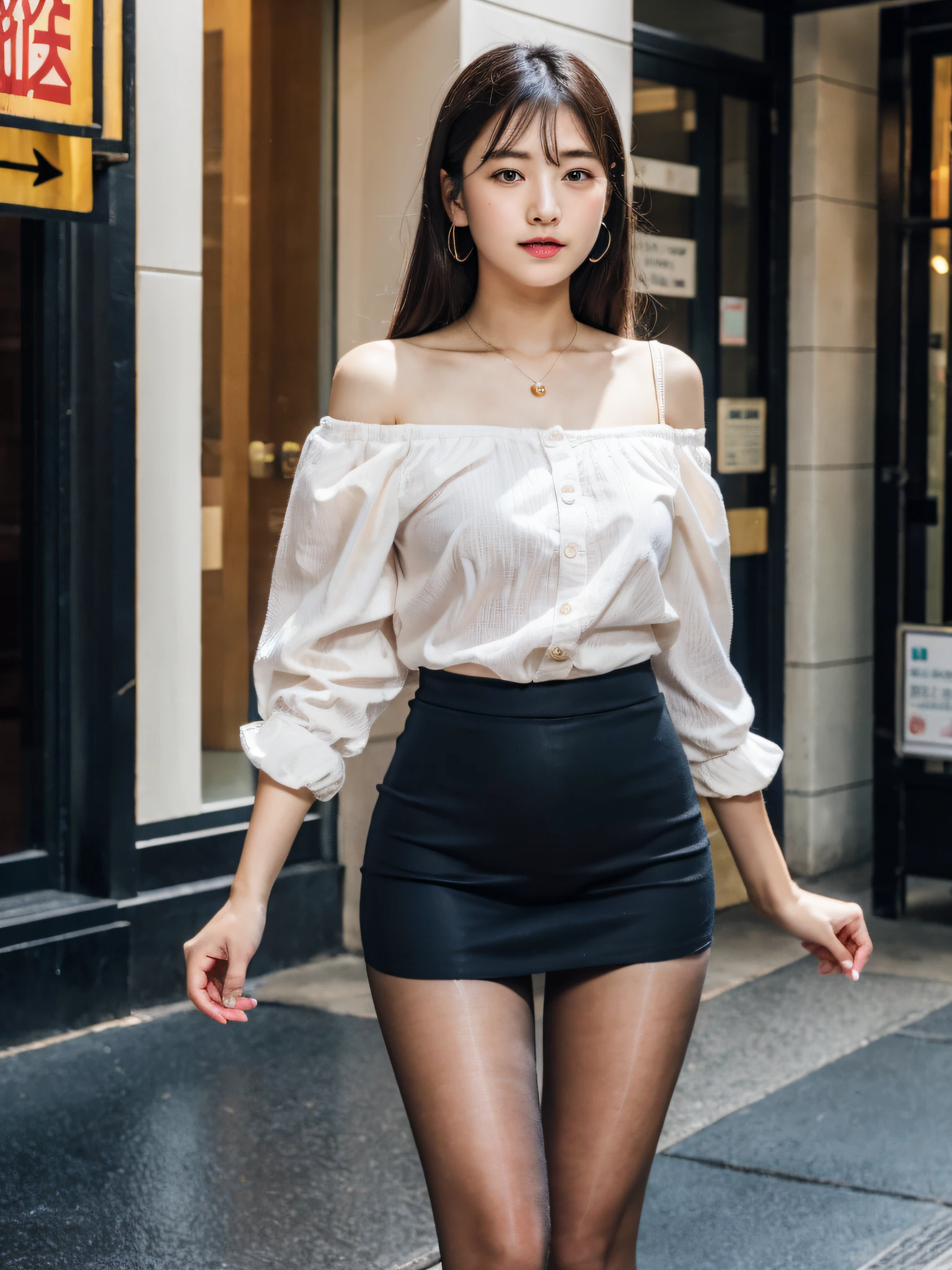 ,(RAW photo:1.2), (Photorealistic:1.4), Beautiful Meticulous Girl, very detailed eyes and faces, Beautiful detailed eyes, ultra - detailed, A high resolution, The is very detailed,best qualtiy,tmasterpiece,The shirt,a skirt,illustratio,The is very detailed,unified,8k 壁纸,finely detailled,tmasterpiece,best qualtiy,Unity8k wallpapers,light in face,cinmatic lighting, 1girll, 16 years old,(Camel toes),(full bodyesbian),are standing,an off-the-shoulder top,鎖骨,Bigchest,black short skirt,black lence stockings,high-heels,the street,城市