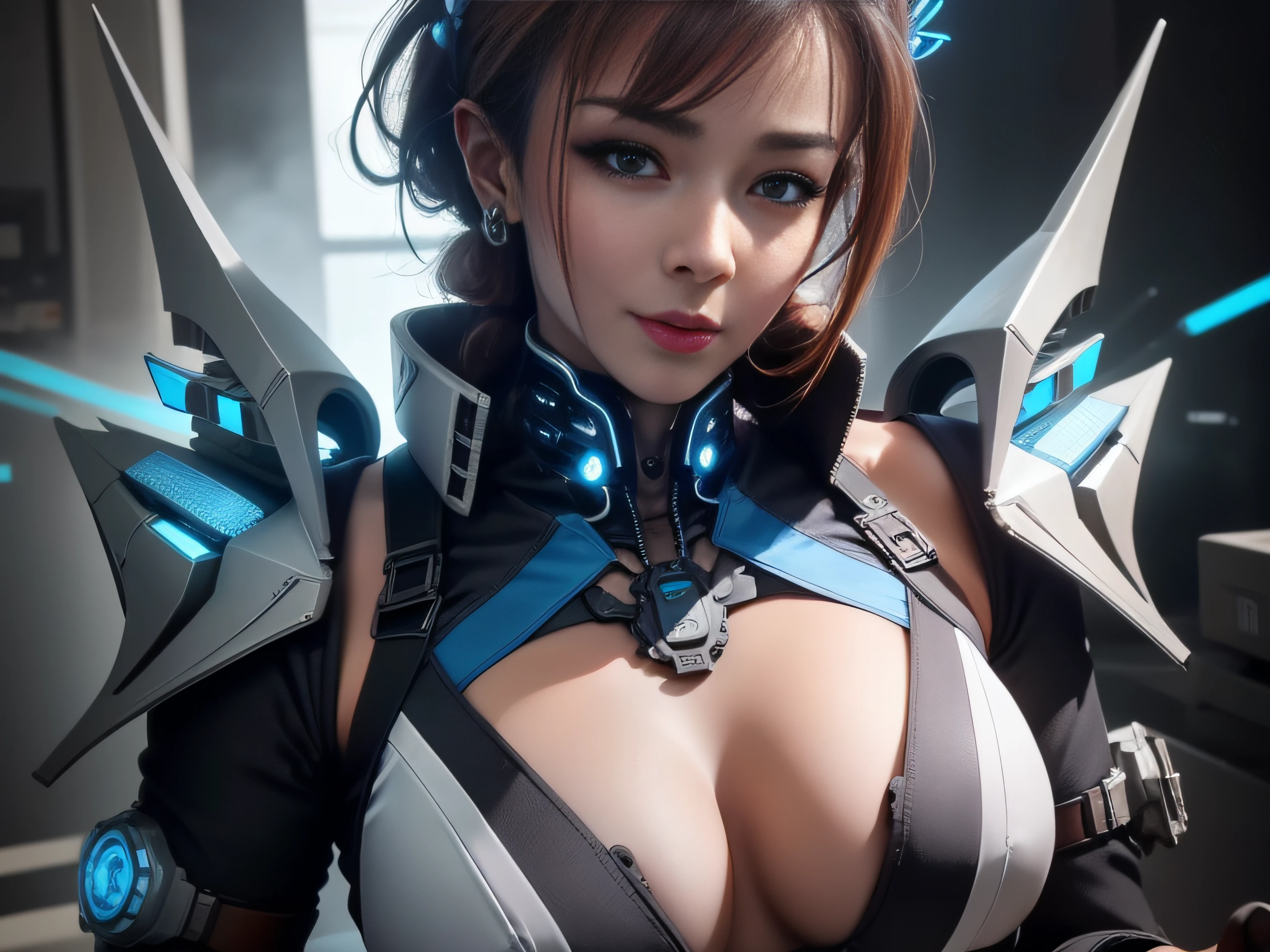 Highest image quality，Outstanding details，超高分辨率，（Fidelity：1.4）, Favor the details，closeup cleavage，The background is a high-tech lighting scene in the future city，High-tech dragon knight mech，He has a delicate and beautiful face，（（Blue-white flying semi-mechanical fuselage：1.8）），high-tech weapon，Raised sexy，frontage，cyber punk perssonage，Futuristic，mechanically aesthetic，Virtual Engine 5，Perfect detail rendering，rendering by octane，hyper HD