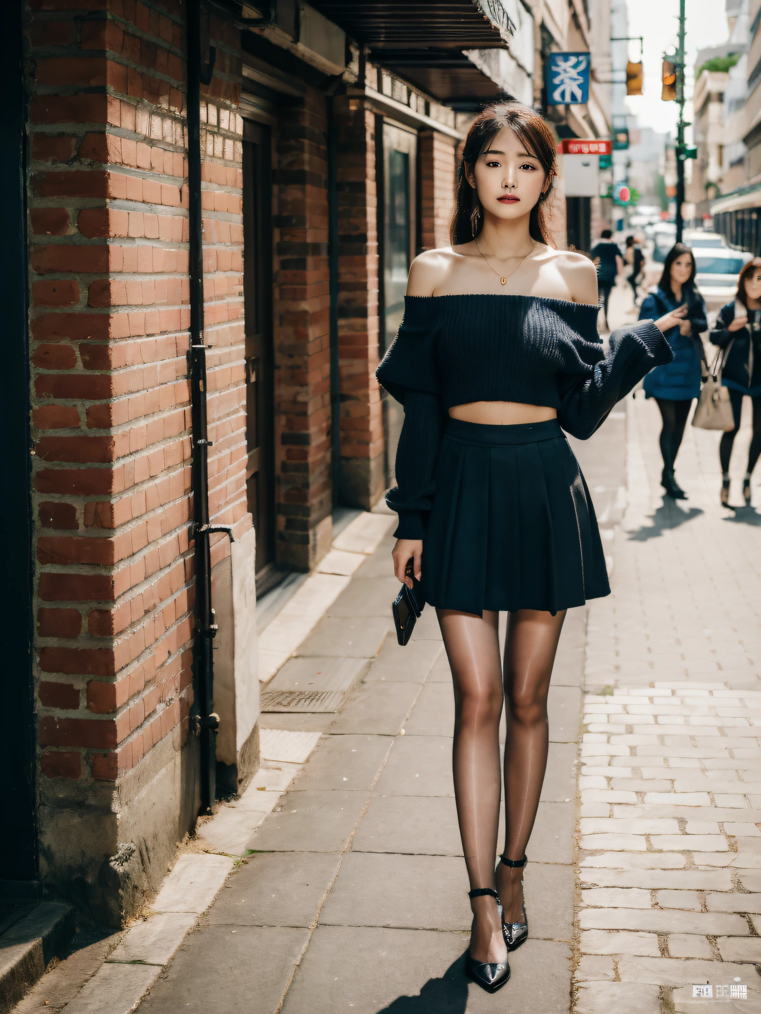 ,(RAW photo:1.2), (Photorealistic:1.4), Beautiful Meticulous Girl, very detailed eyes and faces, Beautiful detailed eyes, ultra - detailed, A high resolution, The is very detailed,best qualtiy,tmasterpiece,The shirt,a skirt,illustratio,The is very detailed,unified,8k 壁纸,finely detailled,tmasterpiece,best qualtiy,Unity8k wallpapers,light in face,cinmatic lighting, 1girll, ,(Camel toes),(full bodyesbian),are standing,an off-the-shoulder top,鎖骨,Bigchest,black short skirt,black lence stockings,high-heels,the street,城市