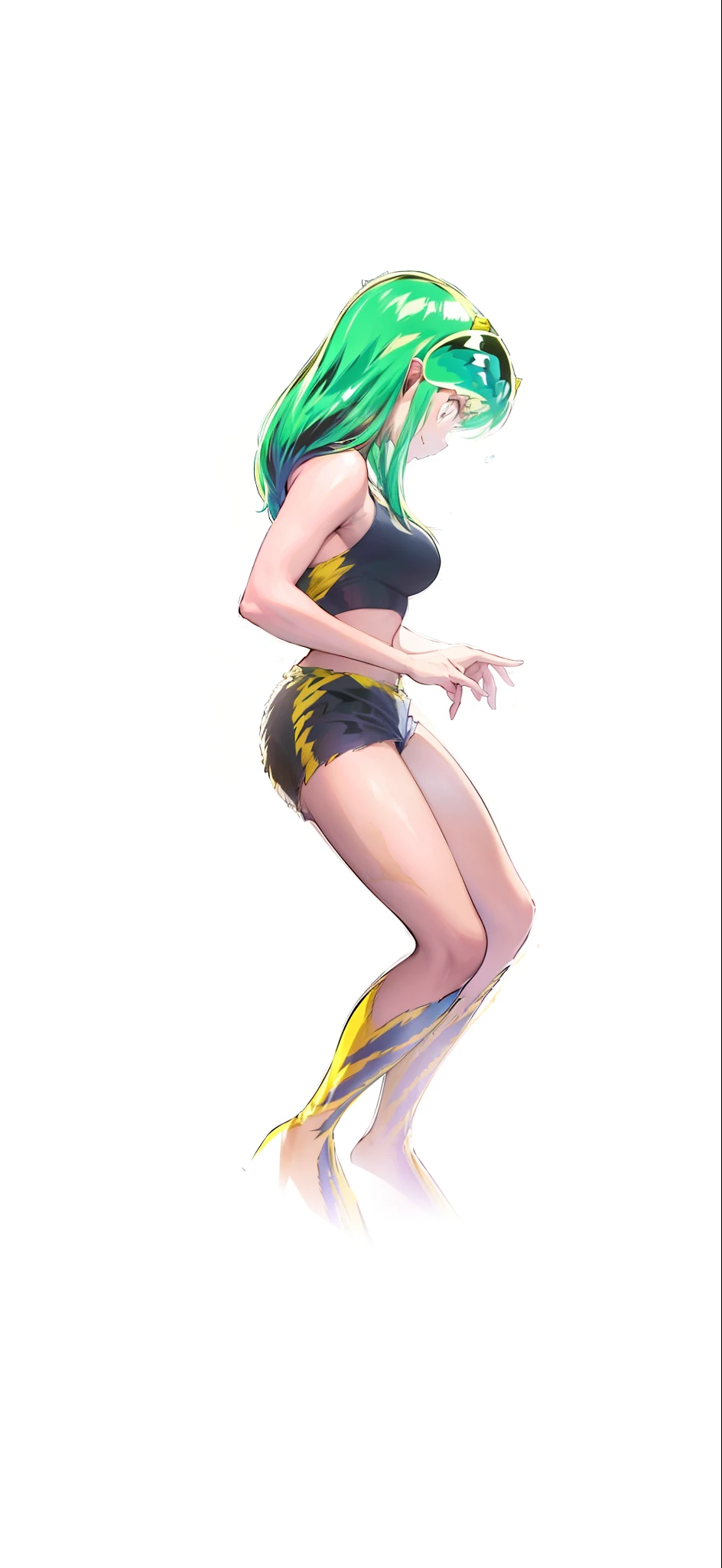 Tiger print boots、sport underwear、Woman with green hair and horns、dance、animesque、urusei yatsura、A smile、Background white