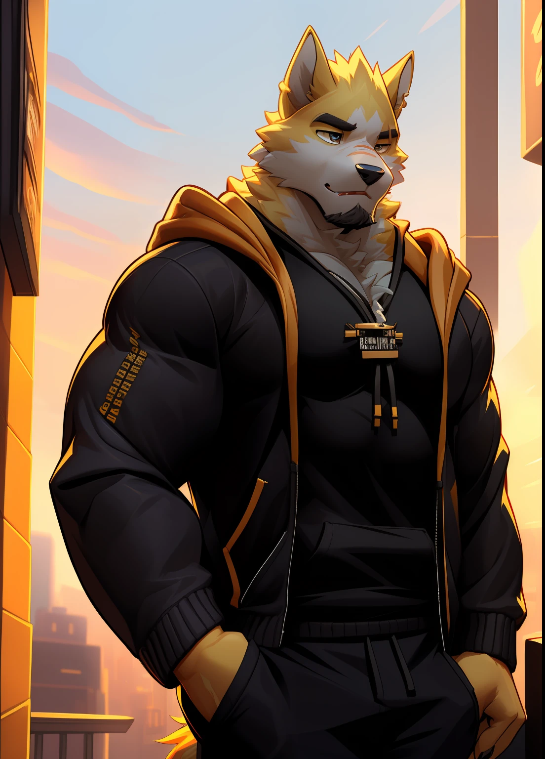 cooper krager， 独奏， looking at viewert， The shirt， 1boy， jaket， malefocus， Open your clothes， hooding， black shirt， hoody， musculous， chest muscle， muscles male， Bala， jaqueta com capuz， Sharp nails， Morning， neonlight， hairy pubic， Yellow fur