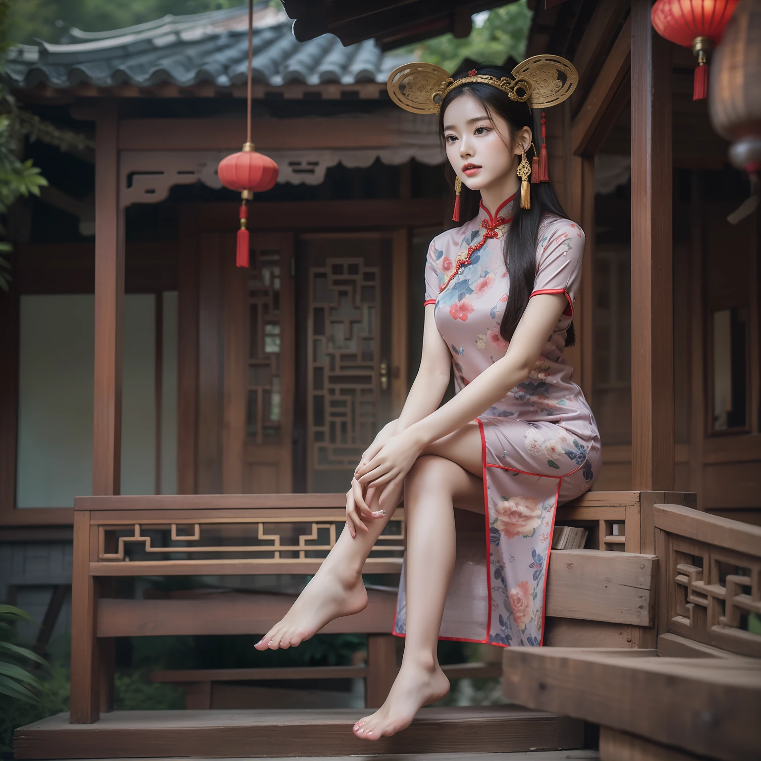 The Arakfi woman sits on a wooden porch，Slender legs，the soft light：1.3，Delicate headgear，pretty feet，wearing  cheongsam, gorgeous chinese models, full bodyesbian，cute elegant pose, a stunning young ethereal figure, photo of slim girl model, xintong chen, photo of slim girl