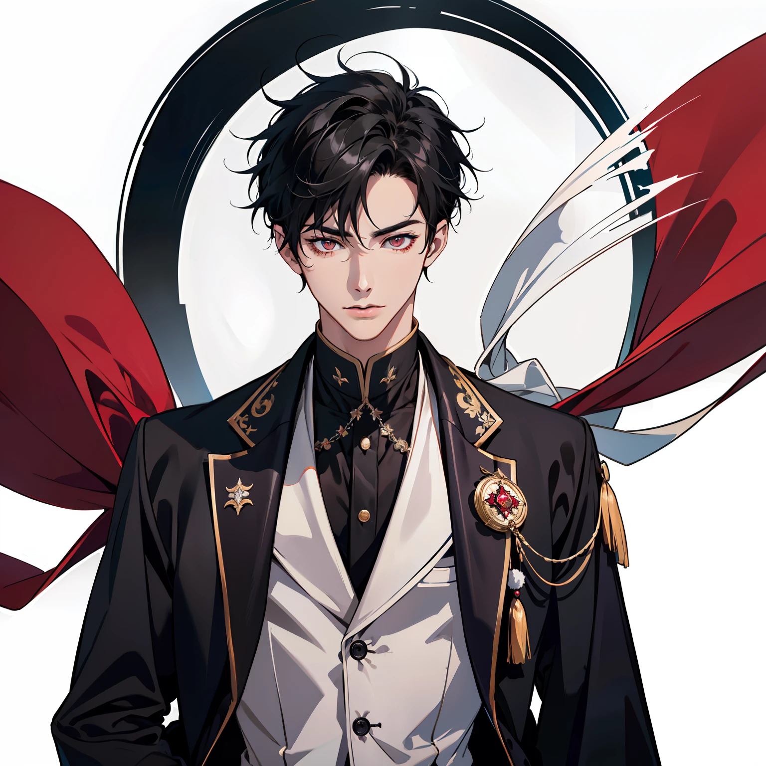 (hoang lap,k hd,Super meticulous),1boys,Handsome,with short black hair,The black coat is lined with a white lining,red color eyes,Best light and shadow,Plaza,Details sunshine,Open-mouthed,magia,streamer,full bodyesbian