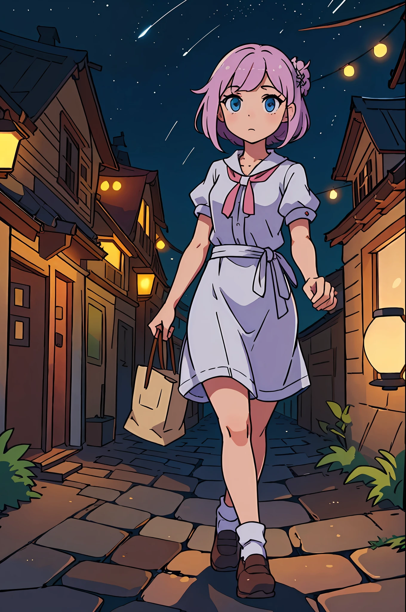 pretty anime woman walking through a village, night, light from outside lamps