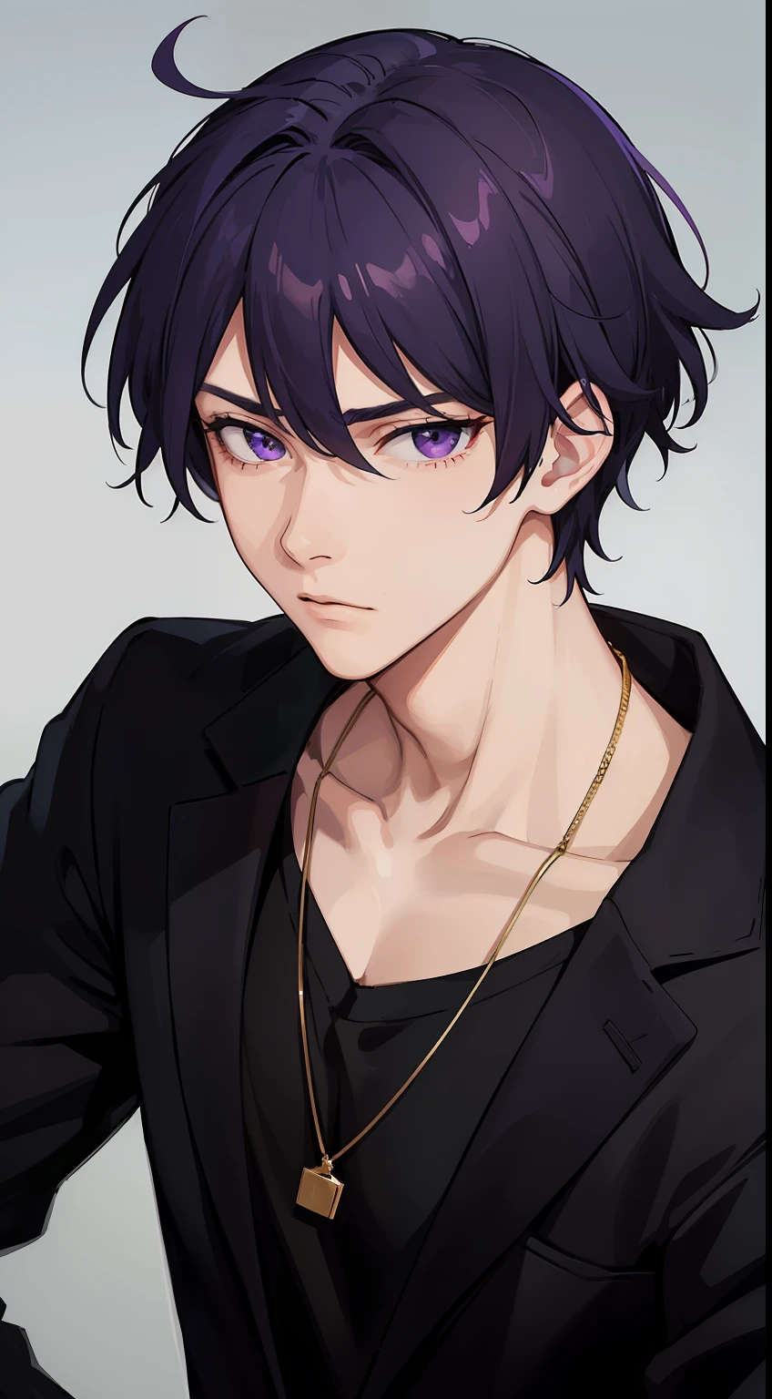 (1boy), At least it's over 20 years old, Have a handsome face, Purple Eyes, Dark purple hair, Unique hair style, Scary looking man, high quality, best quality, HD, 16k, UHD, (Masterpiece)