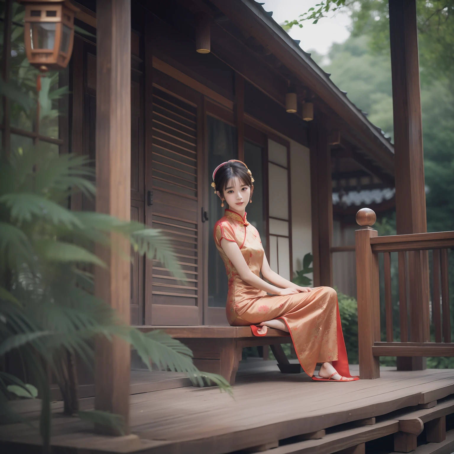The Arakfi woman sits on a wooden porch,Slender legs,the soft light:1.3,Delicate headgear,pretty feet,wearing cheongsam, gorgeous chinese models, full bodyesbian,cute elegant pose, a stunning young ethereal figure, photo of slim girl model, xintong chen, photo of slim girl