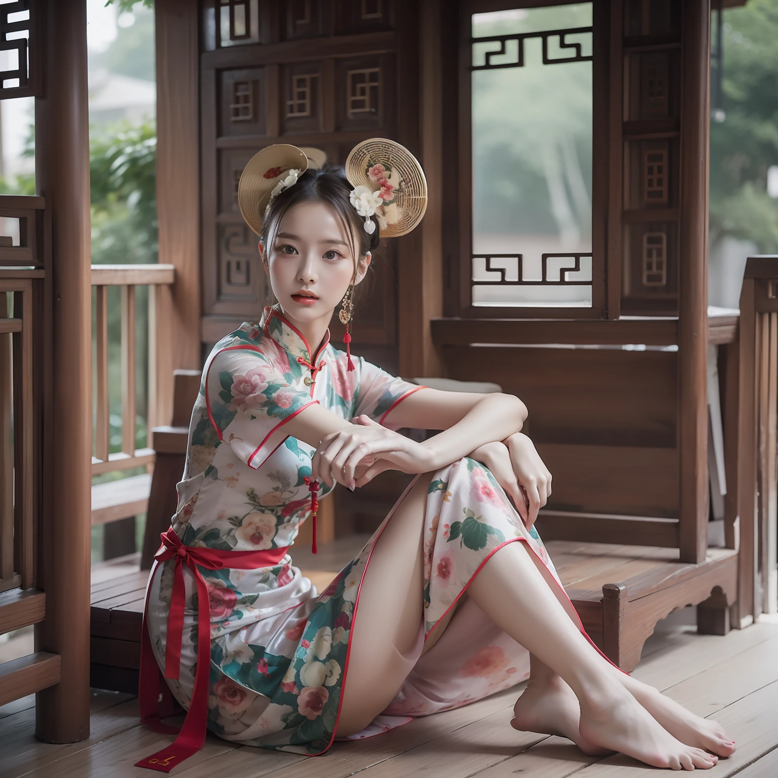 The Arakfi woman sits on a wooden porch，Slender legs，the soft light：1.3，Delicate headgear，pretty feet，wearing  cheongsam, gorgeous chinese models, full bodyesbian，cute elegant pose, a stunning young ethereal figure, photo of slim girl model, xintong chen, photo of slim girl