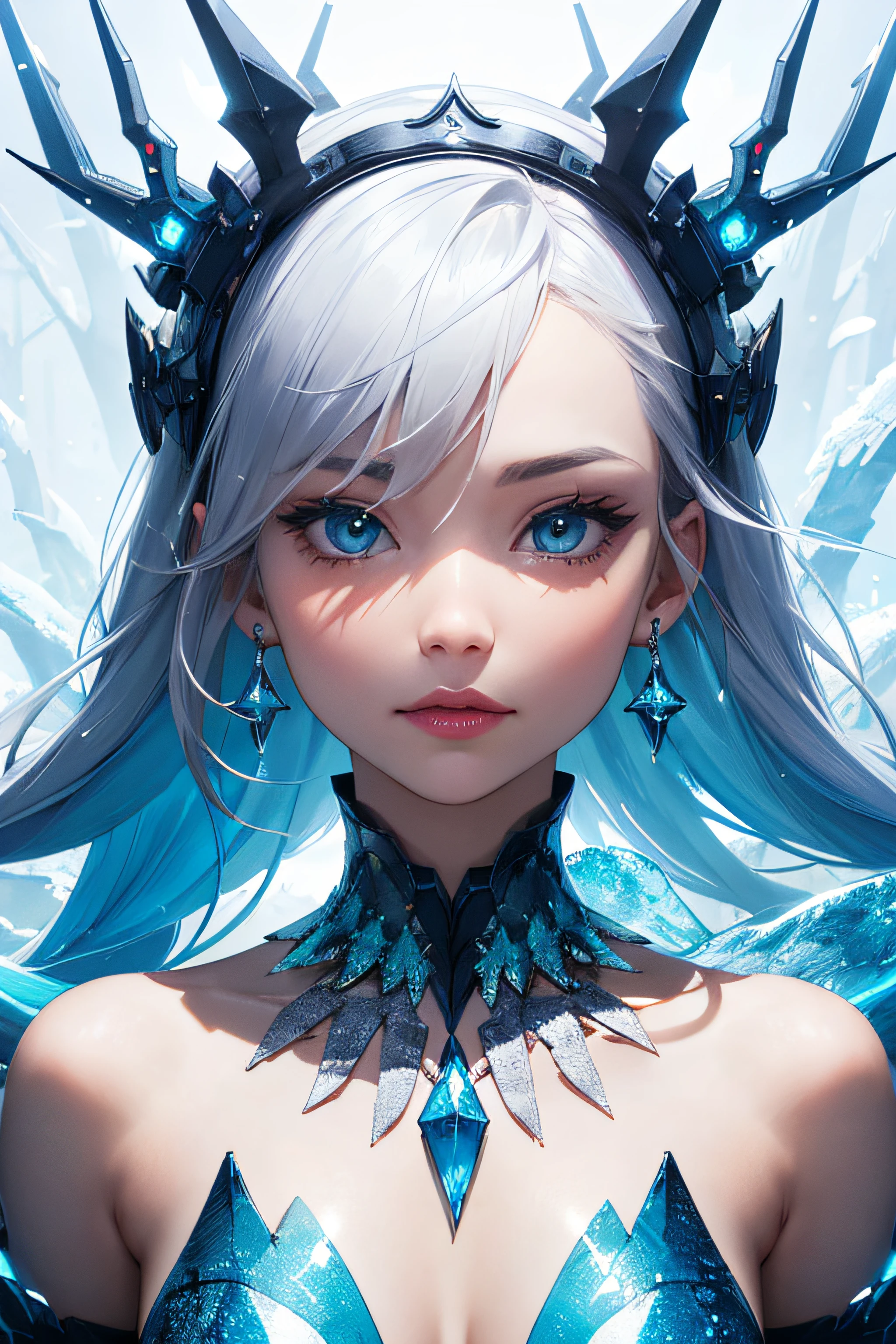 absurdres, highres, reflection, refraction:1.4, ultra detailed:1.4, (photorealistic:1.4, ultra high res, RAW photo), super wide angle BREAK, Illustrate an ice queen, with the power to control ice and snow, creating a realm of frozen beauty and chilling elegance. BREAK, Capture the modern techniques of digital art, with smooth gradients, vector shapes, and a sleek, polished appearance. BREAK, Design a digital fantasy artwork, with surreal elements, futuristic themes, and a striking visual impact.