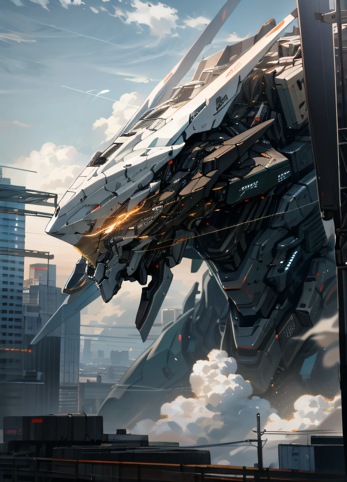 sky, cloud, holding_weapon, no_humans, glowing, , robot, building, glowing_eyes, mecha, science_fiction, city, realistic,mecha