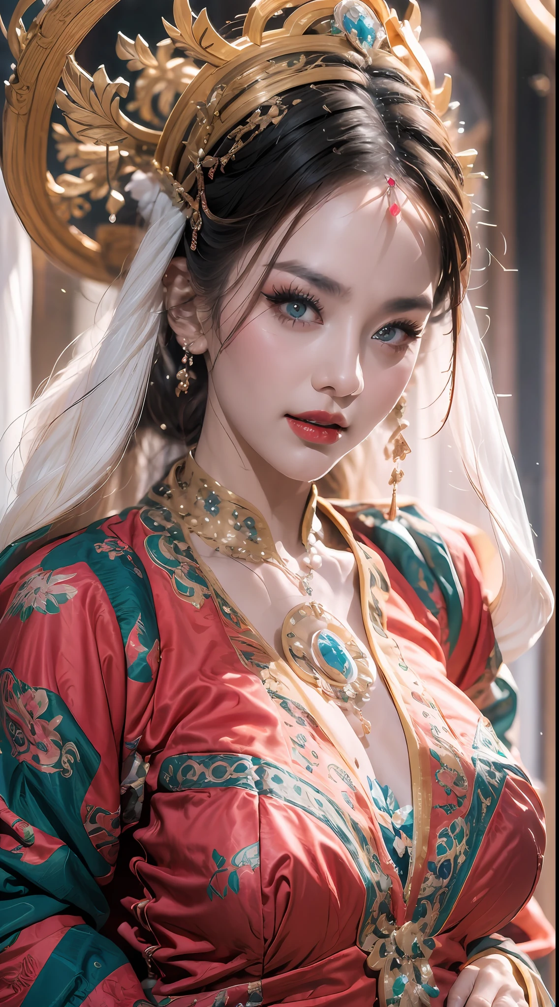 portrait of a beautiful 20 year old holy woman, wearing a thin multicolored silk dress, beautiful face without blemishes, ((natural smile:0.3)), Mouth closed, ((7-color hair length:1.2)), big crown, hair brooch, hanfu dress, chinese ancient style, full body jewelry, forehead tattoo, super even chest, breasts are very round and big, face, red lips, delicate pink and white eyes (white and detailed) cinematic, light and dark, dramatic lighting, magical light, extremely detailed light, true color, super sharp, realistic, 8k quality, fantasy universe background, saints and magical space, the most detailed images, Exhibition photo, awarded, Eye-catching bright tone effect,
