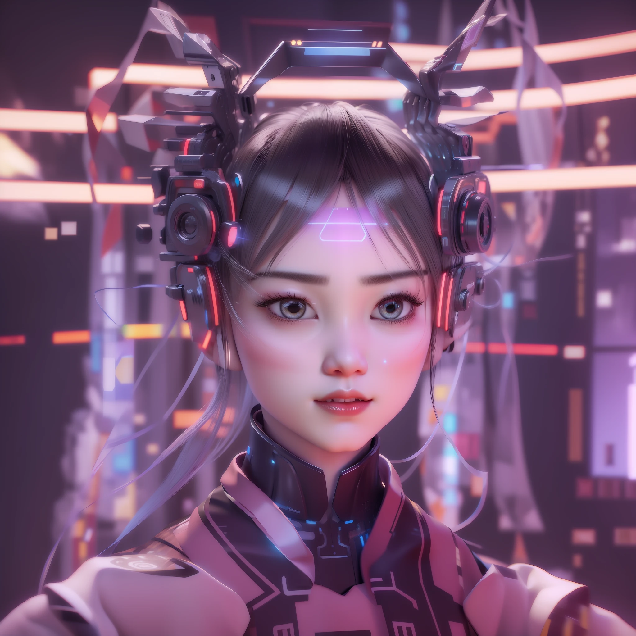 a yang girl, androids 3D style face, fair skin, exquisite facial features.Hanfu and mecha, Cyberpunk, projection holographic display, holographic halo, Laggador's Ring, Surrounded by holographic ribbons throughout the waist, fluorescent, Shock, explosion, special effectsPerspective View, Chinese martial arts movements, Kung Fu, Tai Chi3D art, OC rendering, Hyper-Realistic, rich background, Realistic Details, DetailedDepiction, Minute Details, futurism, 3D rendering, Unreal Engine, UHD, 8K --niji 5 --s 180