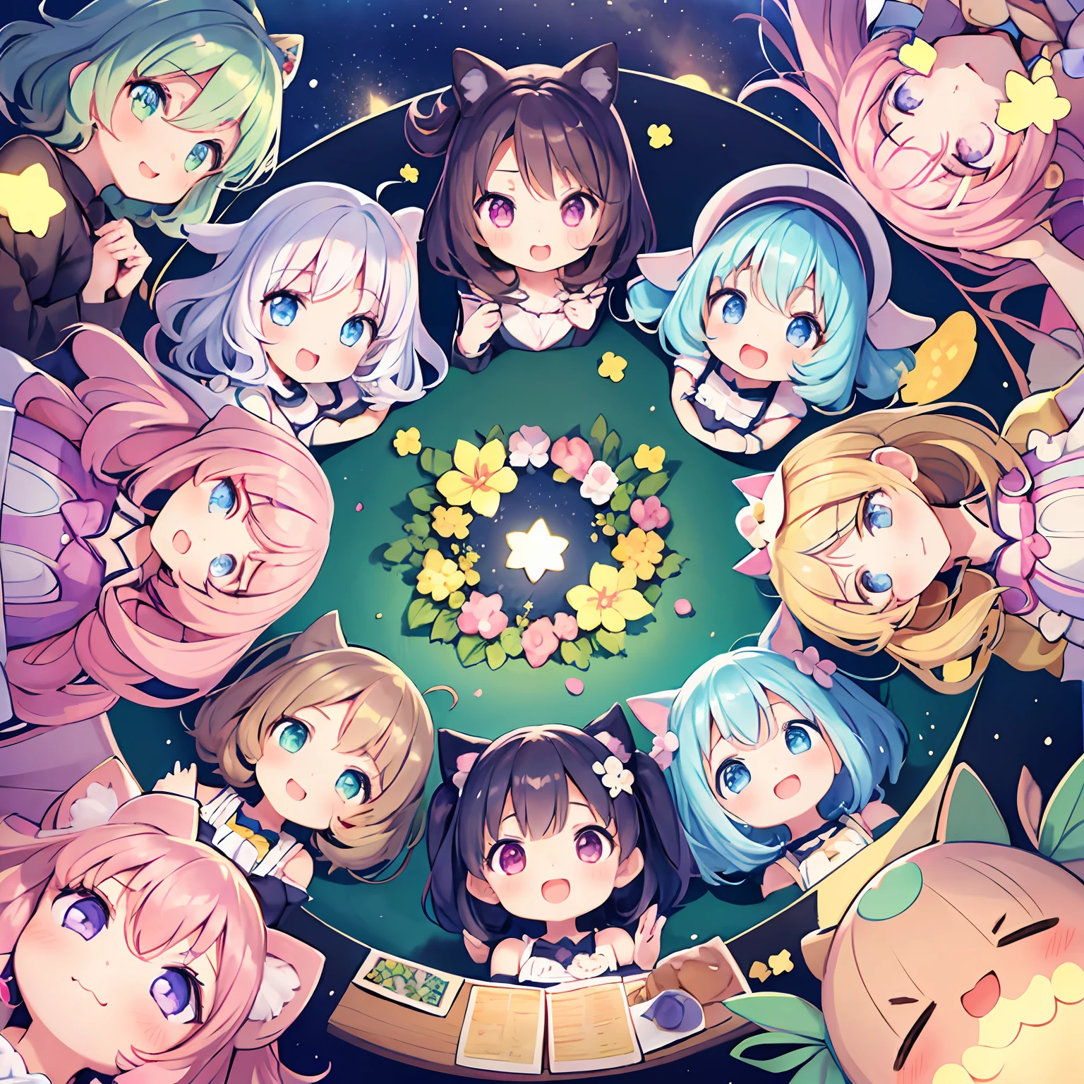 masterpiece, (2girls and 2girls and 2girls and 2girls at the table), idol, big eyes, kawaiitech, kawaii, cute, pastel colors, best quality, happy, deep background, symmetrical, tilted head, summer, night