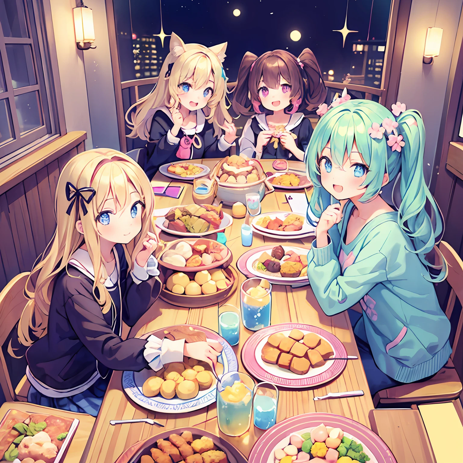 masterpiece, (2girls and 2girls and 2girls and 2girls at the table), idol, big eyes, kawaiitech, kawaii, cute, pastel colors, best quality, happy, deep background, symmetrical, tilted head, summer, night
