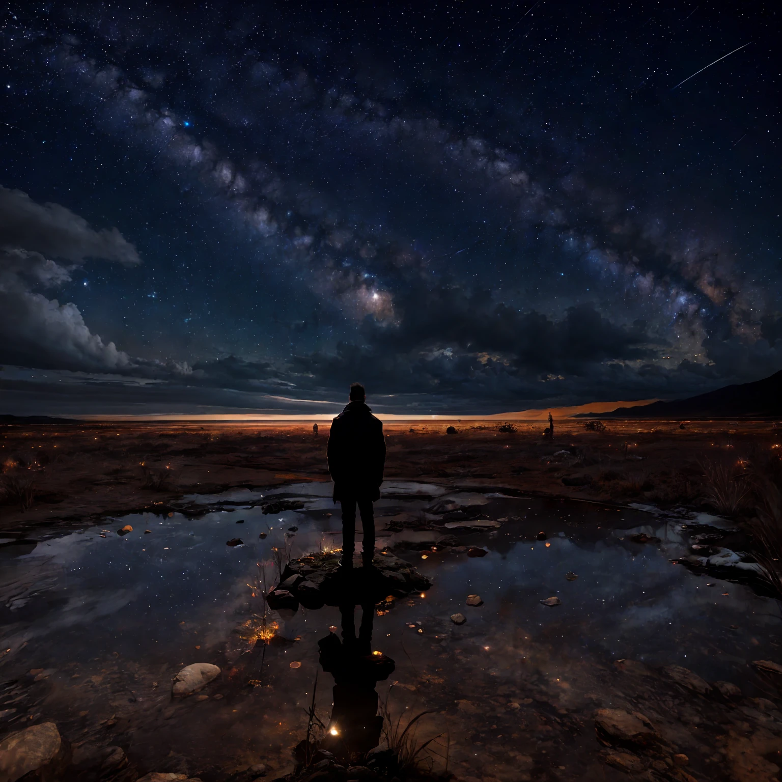 Imagem: Um personagem masculino gravemente ferido encontra-se deitado em um local escuro e desolado. His eyes are fixed on the night sky, where an intense glow of stars stands out in contrast to the surrounding darkness. The character seems to be taking his last breath, and his facial expression reveals a mixture of pain and serenity as he contemplates the vast universe above him.
Contexto adicional (opcional): The scene is shrouded in silence, exceto pelos suaves sussurros do vento. The character is wearing clothes that show signs of an arduous journey, and there are signs of battle and serious injuries to his body. In your hand, ele segura um objeto significativo que parece ter um valor sentimental.
Instructions for the template: Describe the character's emotions and thoughts as he looks up at the stars in his final moments. Explain the possible story behind his wounds and the importance of the object he holds. Transmita a atmosfera e o clima da cena, highlighting the elements that contribute to the feeling of farewell and final reflection.
