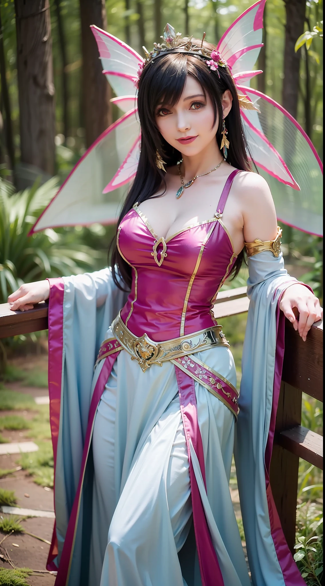 There was a woman standing on a bench，Dressed in fairy costumes, Anime cosplay, Anime girl cosplay, smiling as a queen of fairies, portrait of a fairy, Beautiful fairy, forest fairy, fairy core, faeries, beautiful fairie, beautiful adult fairy, Gorgeous Role Play, portrait of fairy, astral fairy, fairy queen, cosplay, cosplay foto