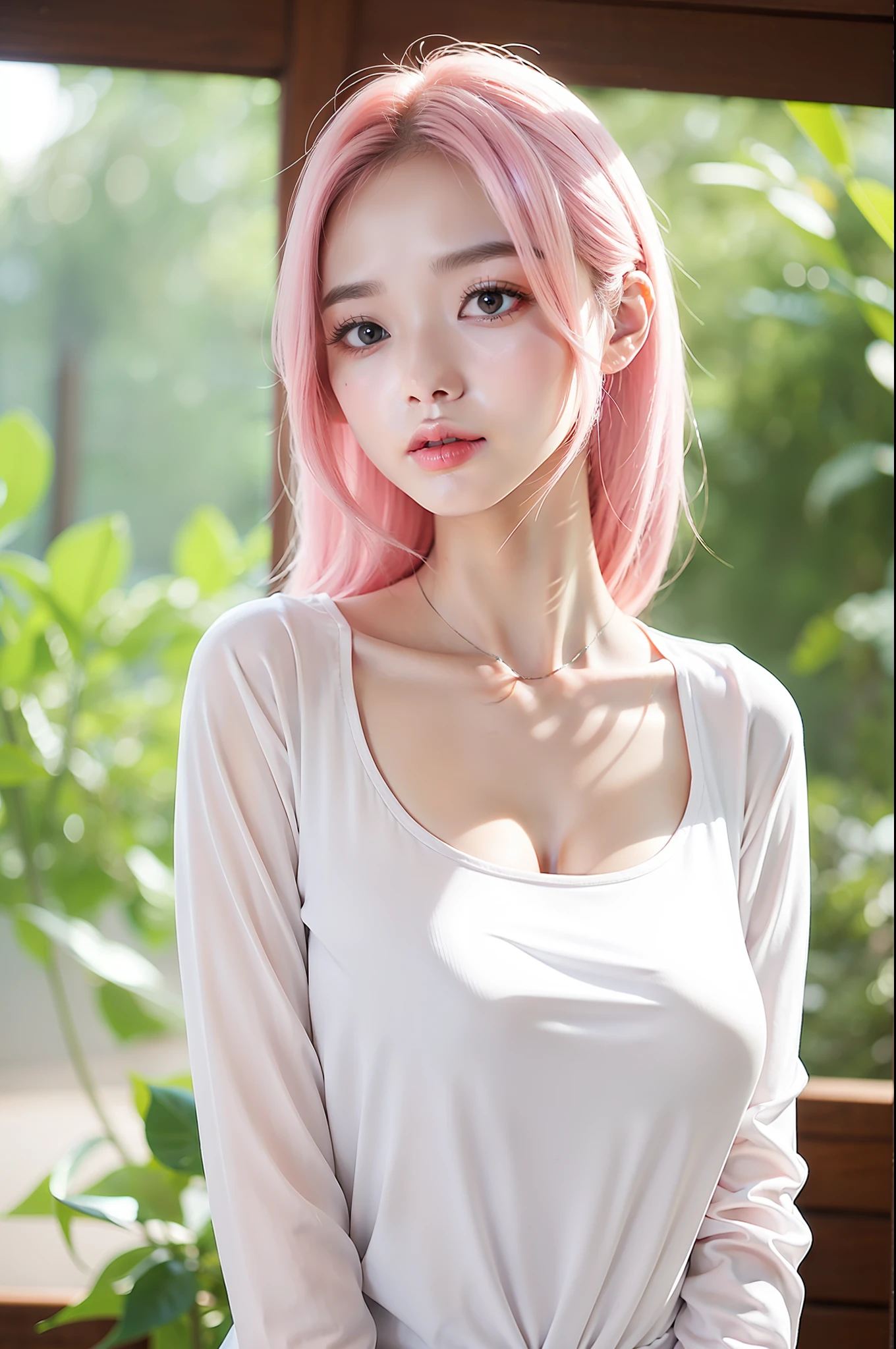 hyper HD,4K,looks into camera。baby pink hair,Exposed cleavage,Expose cleavage,White color blouse,The shirt,white colors,hyper realisitc