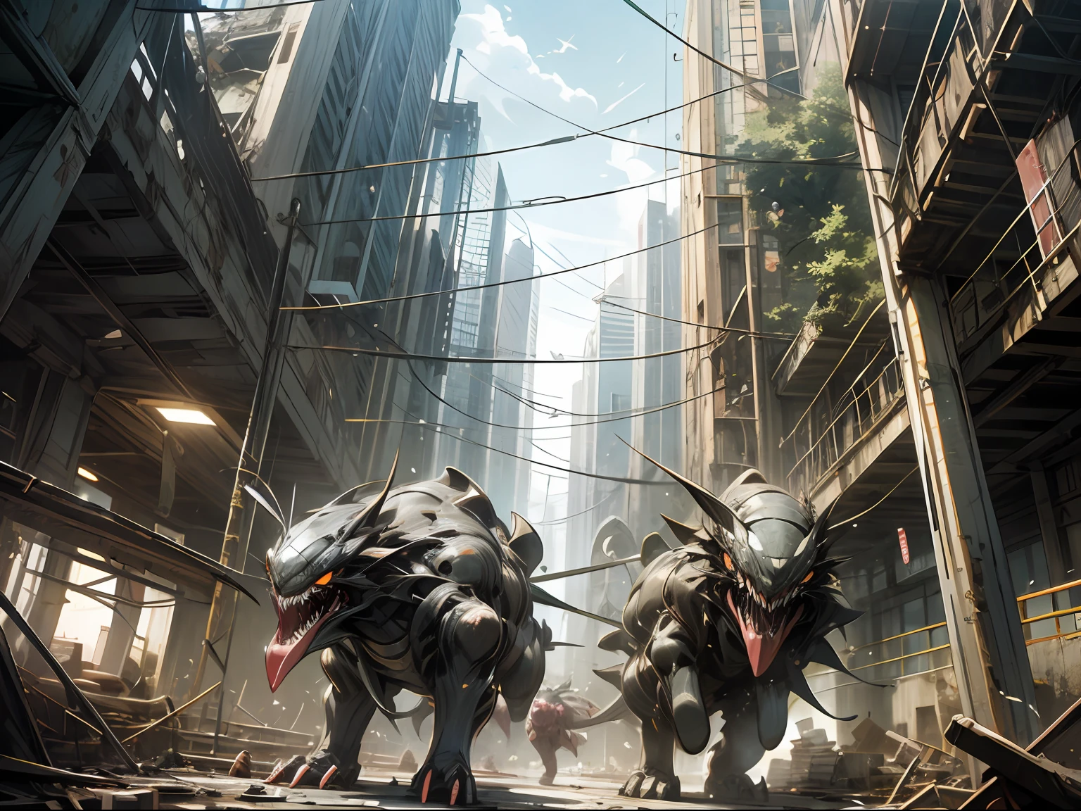 k hd、Best image quality、Super detailed CG illustration，Fine illustration，Ruins of a dilapidated city，Bug-type monsters crawling around，People running away