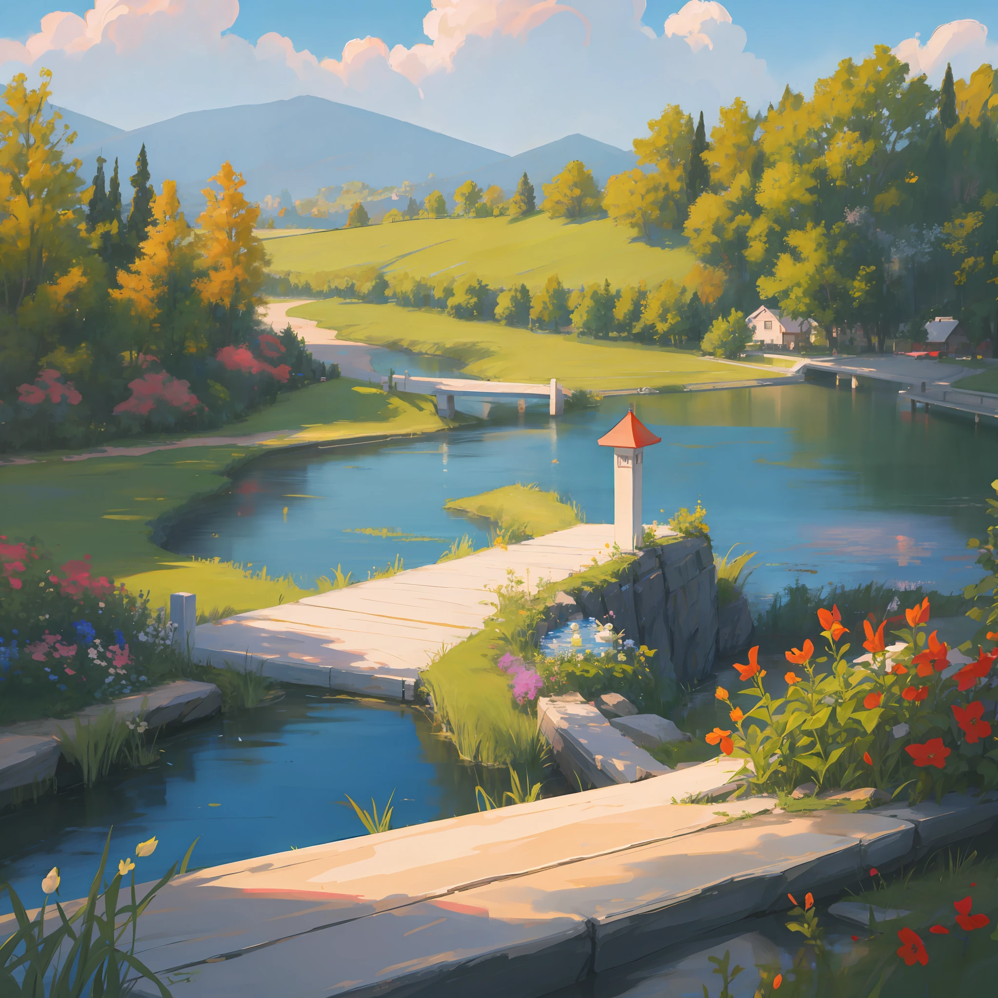 tmasterpiece，Best quality at best，high high quality，8k,scenecy，Scenes，Background with，夏天，florals，lakeside，brightly，Skysky，illustratio