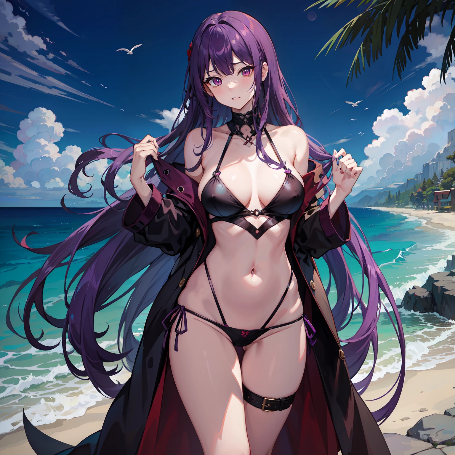 Purple hair、Red Eyes、Colossal tits、cute little、Long hair that goes down to the waist、top-quality、fullnude、the ocean at night、Condescending gaze、1a person、Fluttering long hair、Ruthless eyes、Nasty atmosphere、Evil Fall