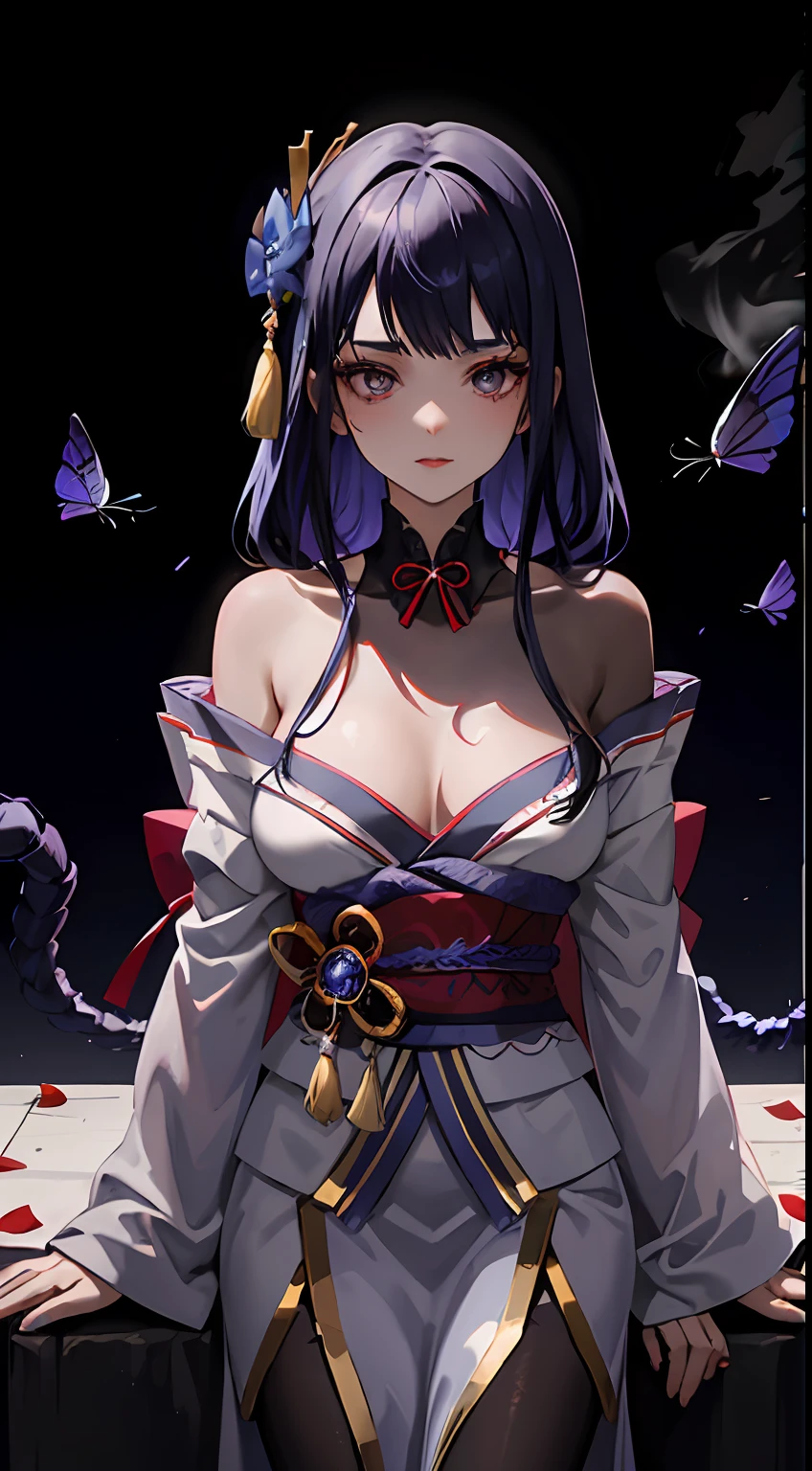 Smooth forehead，There is a chain on the forehead，Black hair，long whitr hair，Kimono white，blue hairs，White color hair，closeup of face，Beautiful back，Side Body，arachne，centipede，mkscorpion，Black cloth，Indifferent eyes，Loose eyelashes，Long black eyelashes，Green butterfly giant butterfly wings，Ancient windows，Dark atmosphere，Eerie smoke，Japanese red lips，Close-up of people，cropped shoulders，