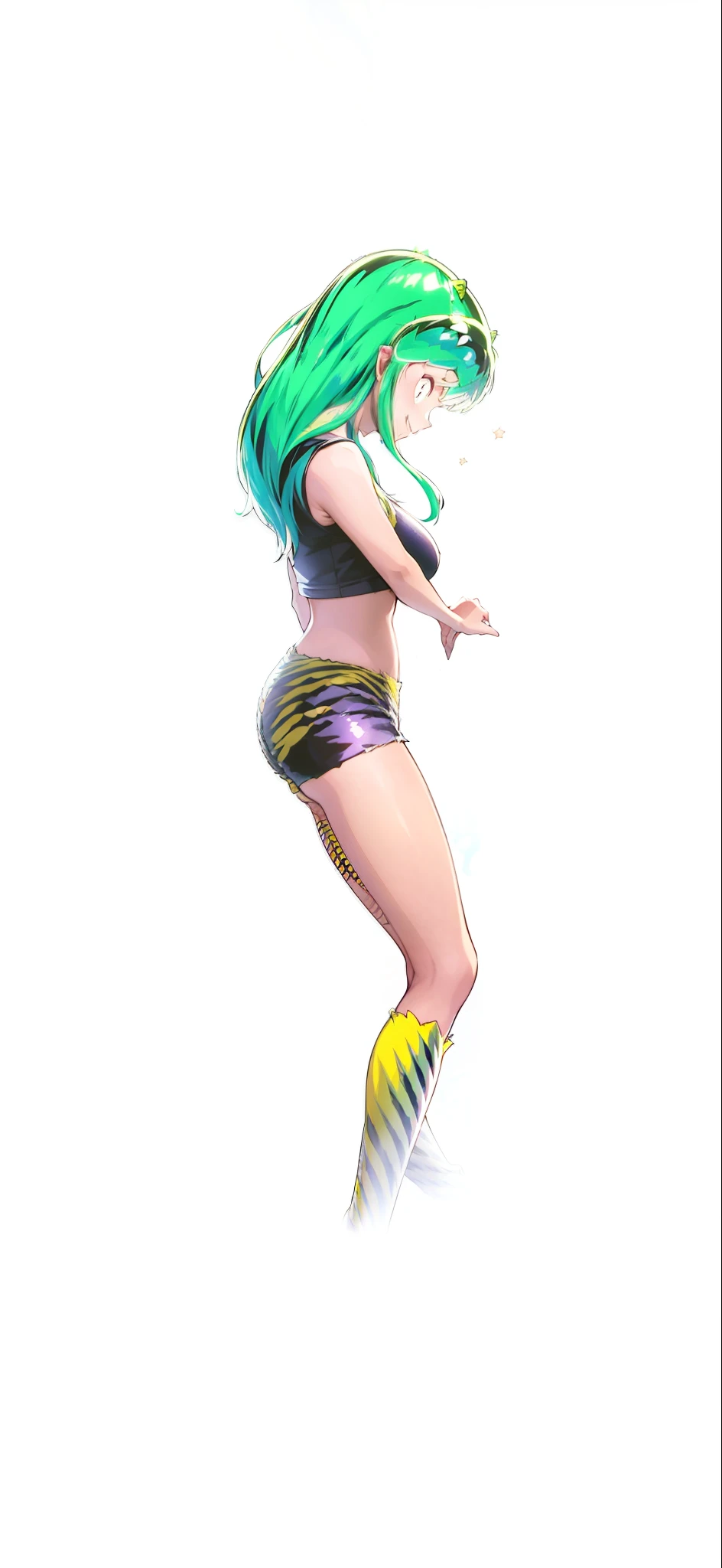 Tiger print boots、sport underwear、Woman with green hair and horns、dance、animesque、urusei yatsura、A smile、Background white