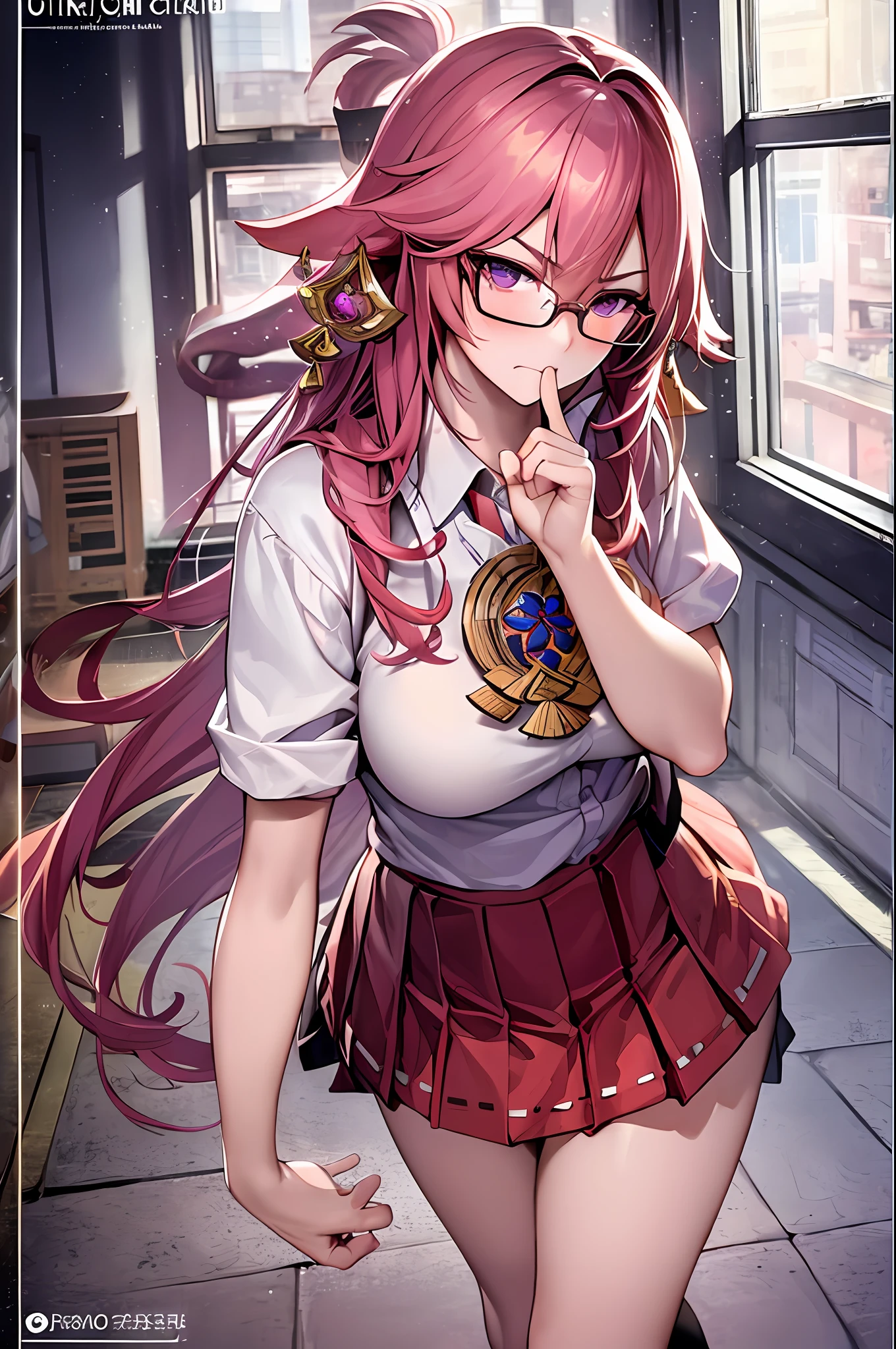 (masterpiece, best quality, ultra detailed, hyper realistic, photo),delicate pattern, detailed background, uncensored completely,
1yae miko, cowboy shot, japanese girl, class room,
school uniform, loose collar, skirt, looking over eyewear,
hair between eyes,
put up index finger and one hand on hip, angry with puffed cheeks,
from above, leaning forward,