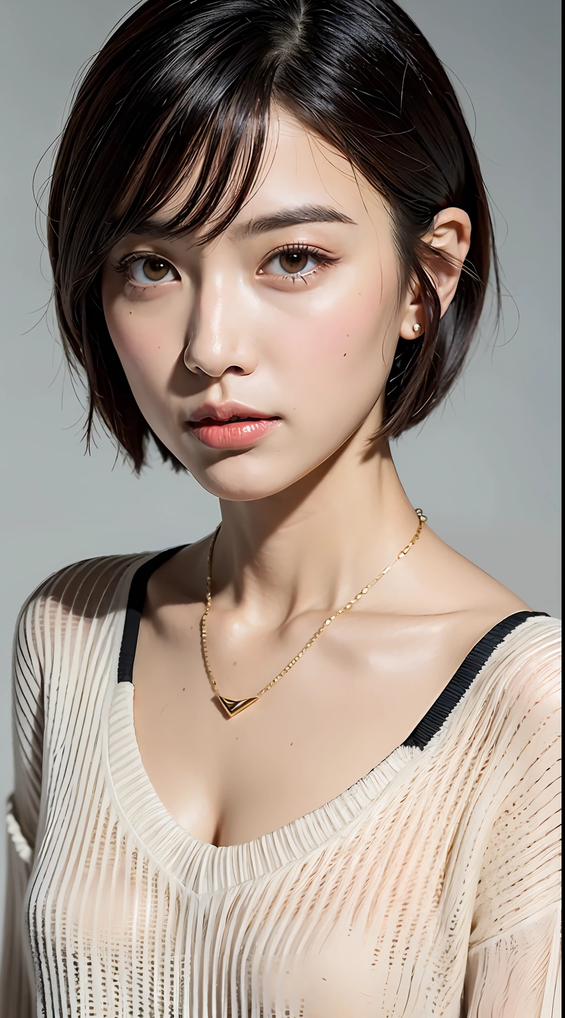 Best quality, 8k, 32k, masterpiece, UHD: 1.2), photo beautiful japanese woman, room, very short Bob hair, upper body, facial focus, oversized_sweater, necklace, simple background, from above, looking at the viewer,