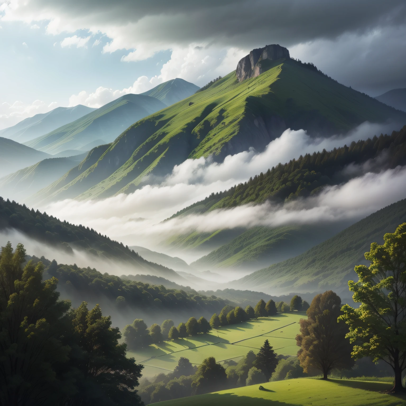 Sycamore tree foreground,Forest view,Paulownia Forest,In the distance are mountains,surrounded by cloud,Foggy rain,great outdoors,in a serene landscape,Optimize the composition,highly-detailing,The woods are lush,Mountains