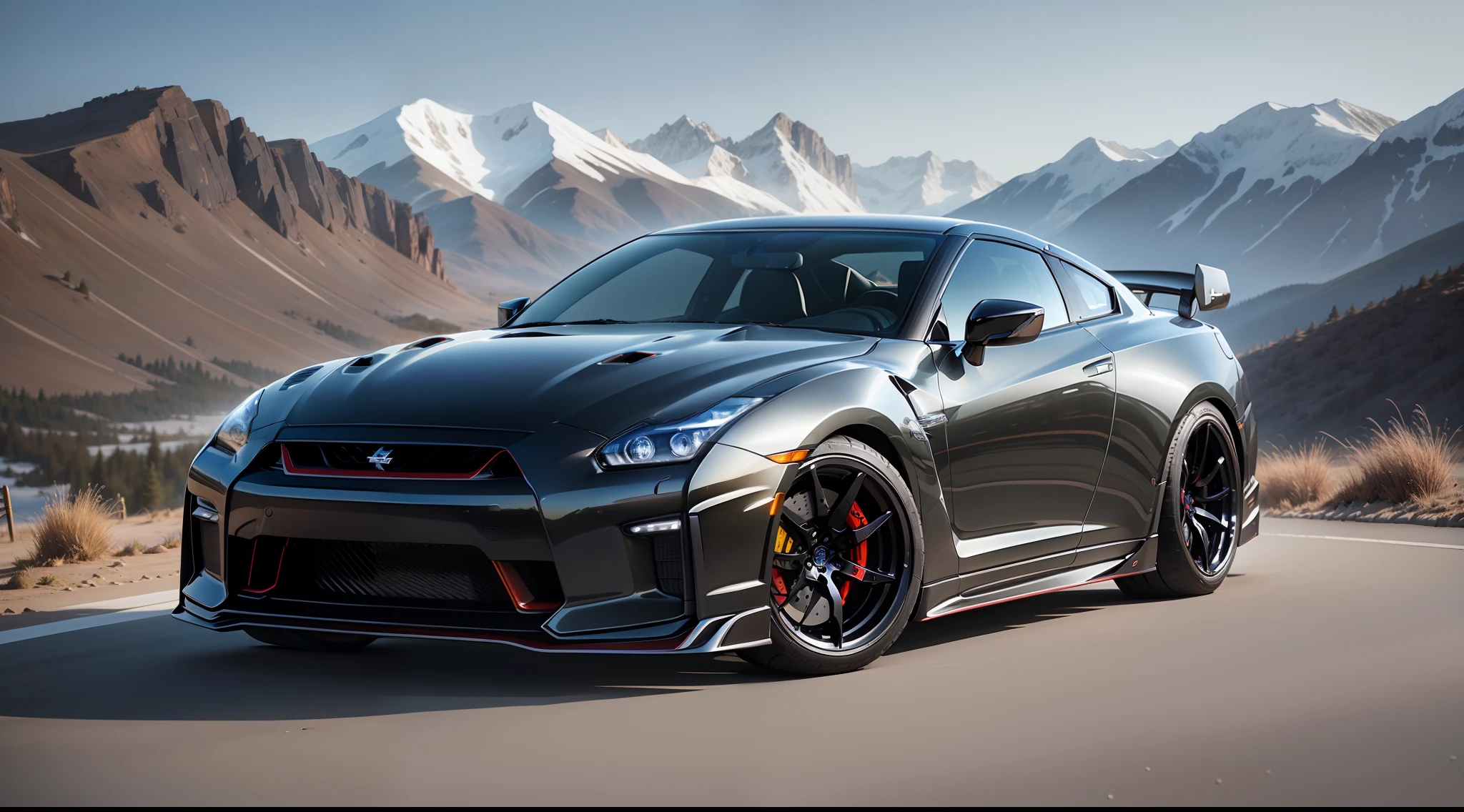"Beautiful mountain landscape with a stunning Nissan GTR customized with a shiny body kit, intricately detailed and lifelike."