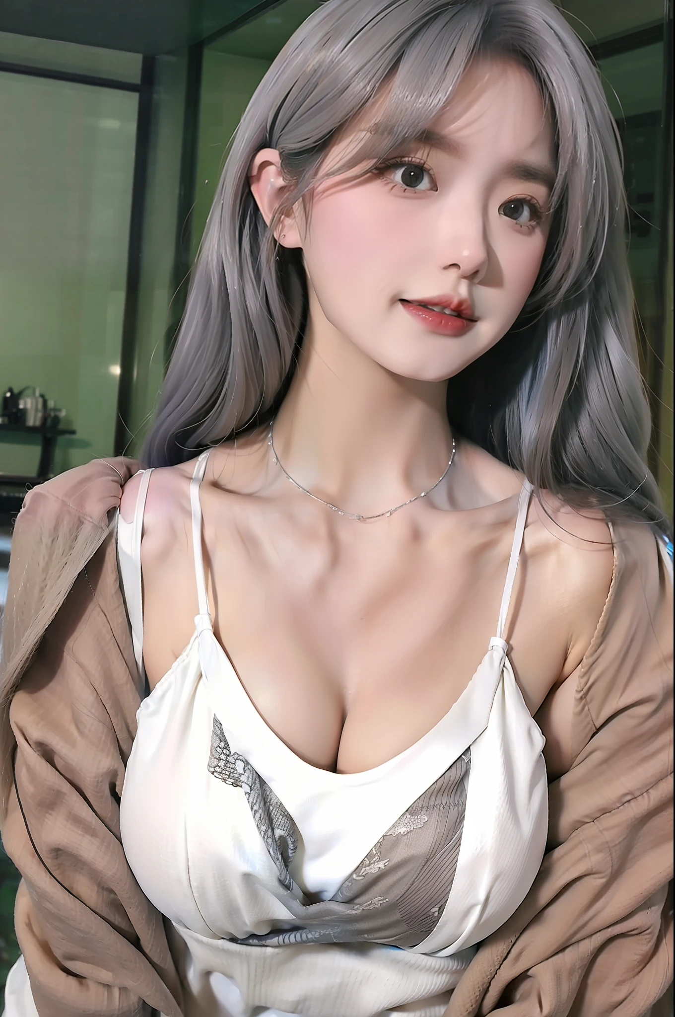 hyper HD,4K,Silvery hair,Exposed cleavage,Expose cleavage,White color blouse,The shirt,white colors,hyper realisitc, fully body photo