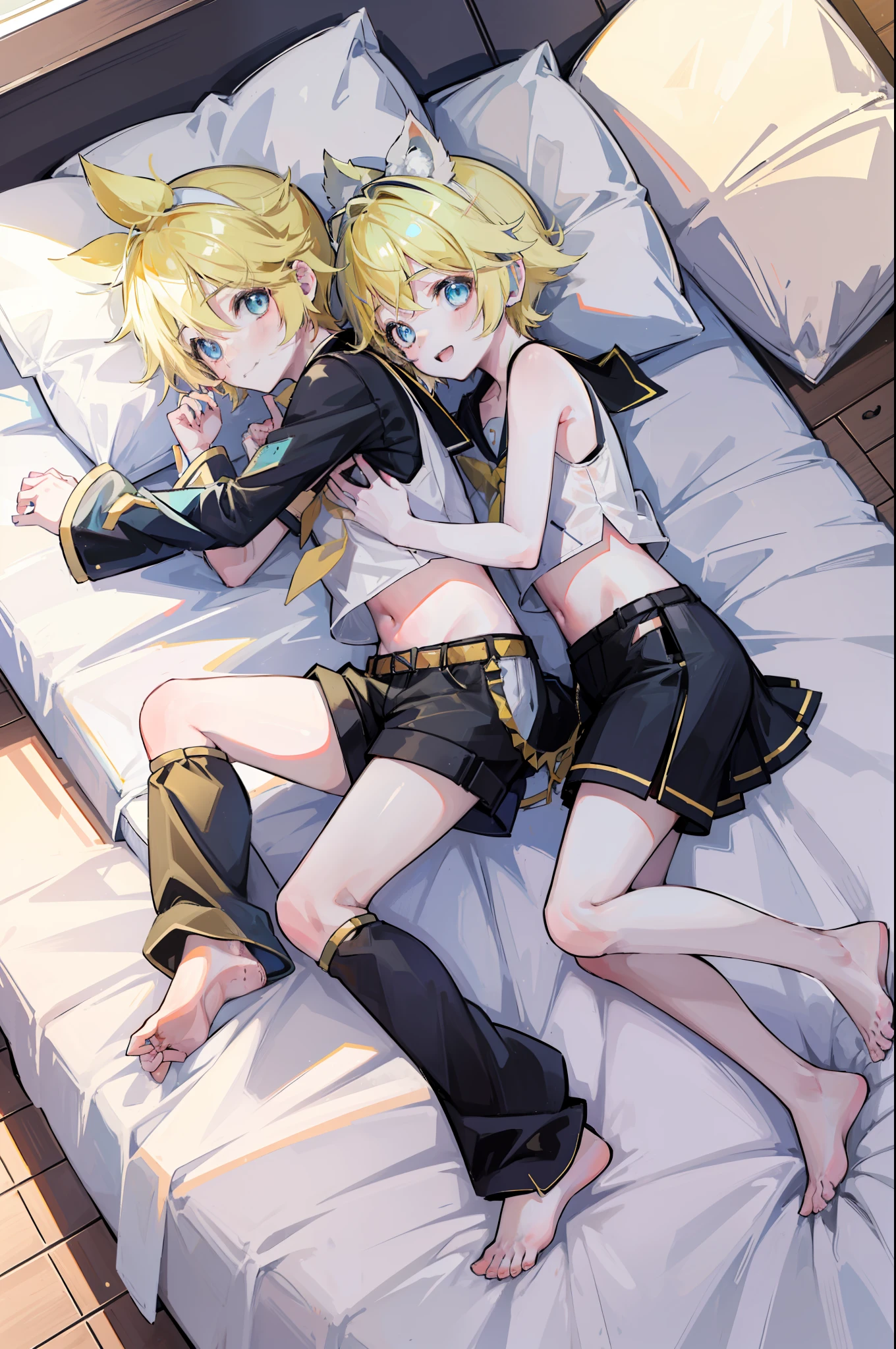 best quality, ultra precision, (two person), (one boy and one girl), (Len_Kagamine), (Rin_Kagamine), they are cute, blond hair, blue eyes, short hair, shota and ****, sailor uniform, black short pants, couple, innocent, on bed, lying on bed together, lovely, love each other, smile, happy, character focus