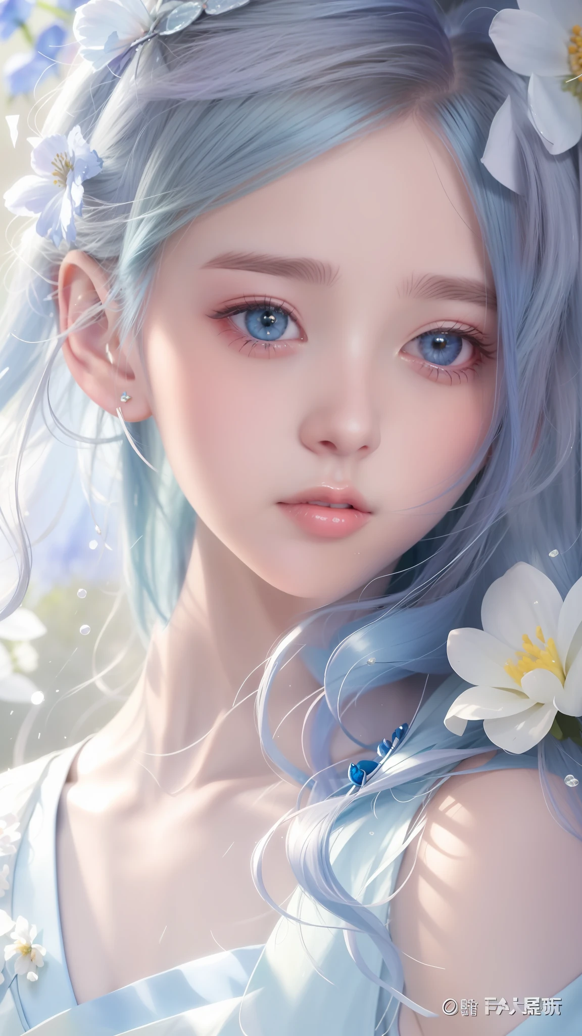 Close up of a girl with blue hair and flowers in her hair, Beautiful anime girl, Beautiful anime face, a beautiful anime portrait, Stunning anime face portrait, Beautiful anime woman, pretty anime girl, Beautiful anime, Beautiful anime style, Cute natural anime face, Realistic young anime girl, detailed portrait of an anime girl, cute delicate face, pretty anime face, Girl with white hair,,16k,Delicate and shiny face，ultraclear