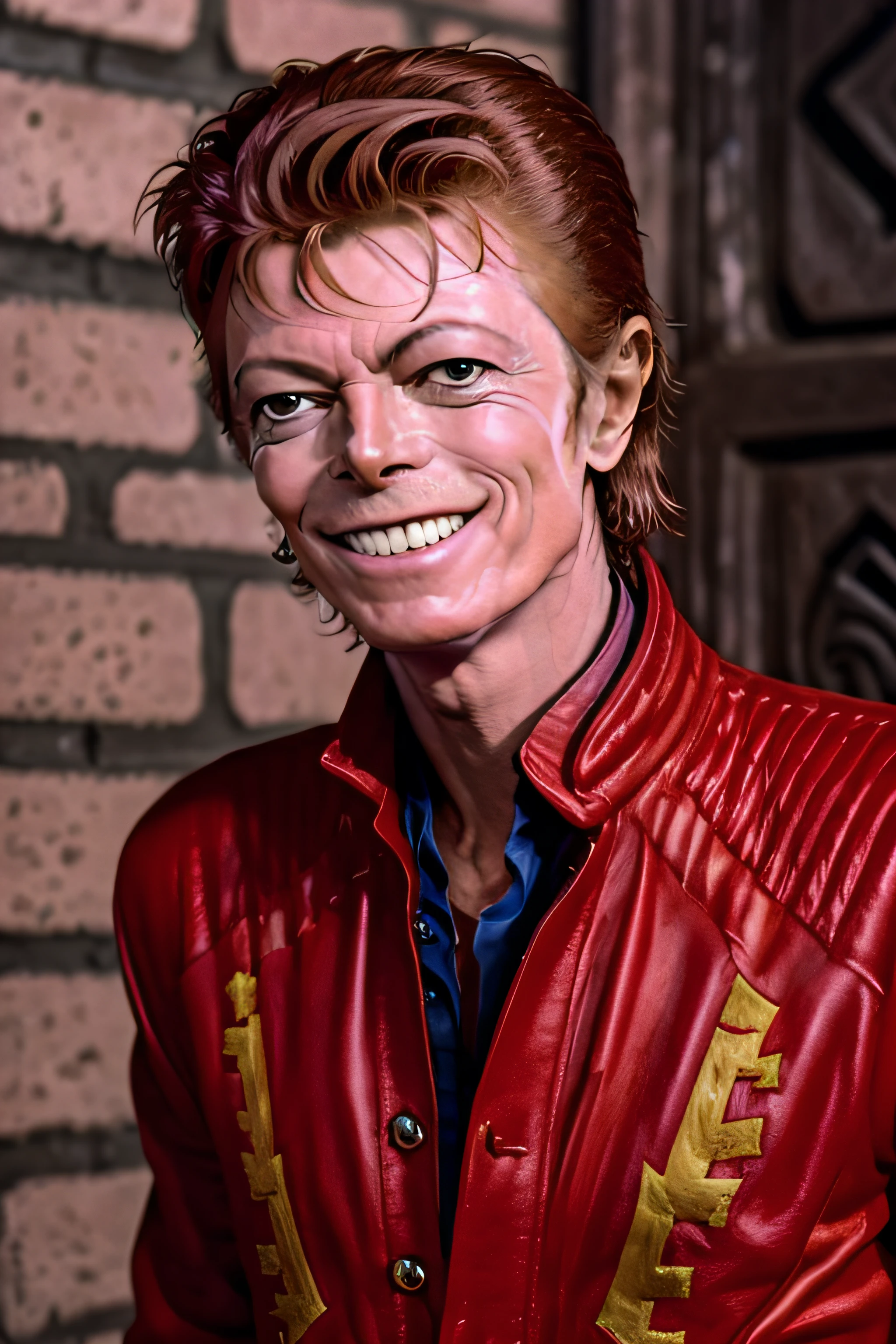 portrait of smiling David bowie in a dark alley, intricate detail, detailed face, very sharp, high quality,