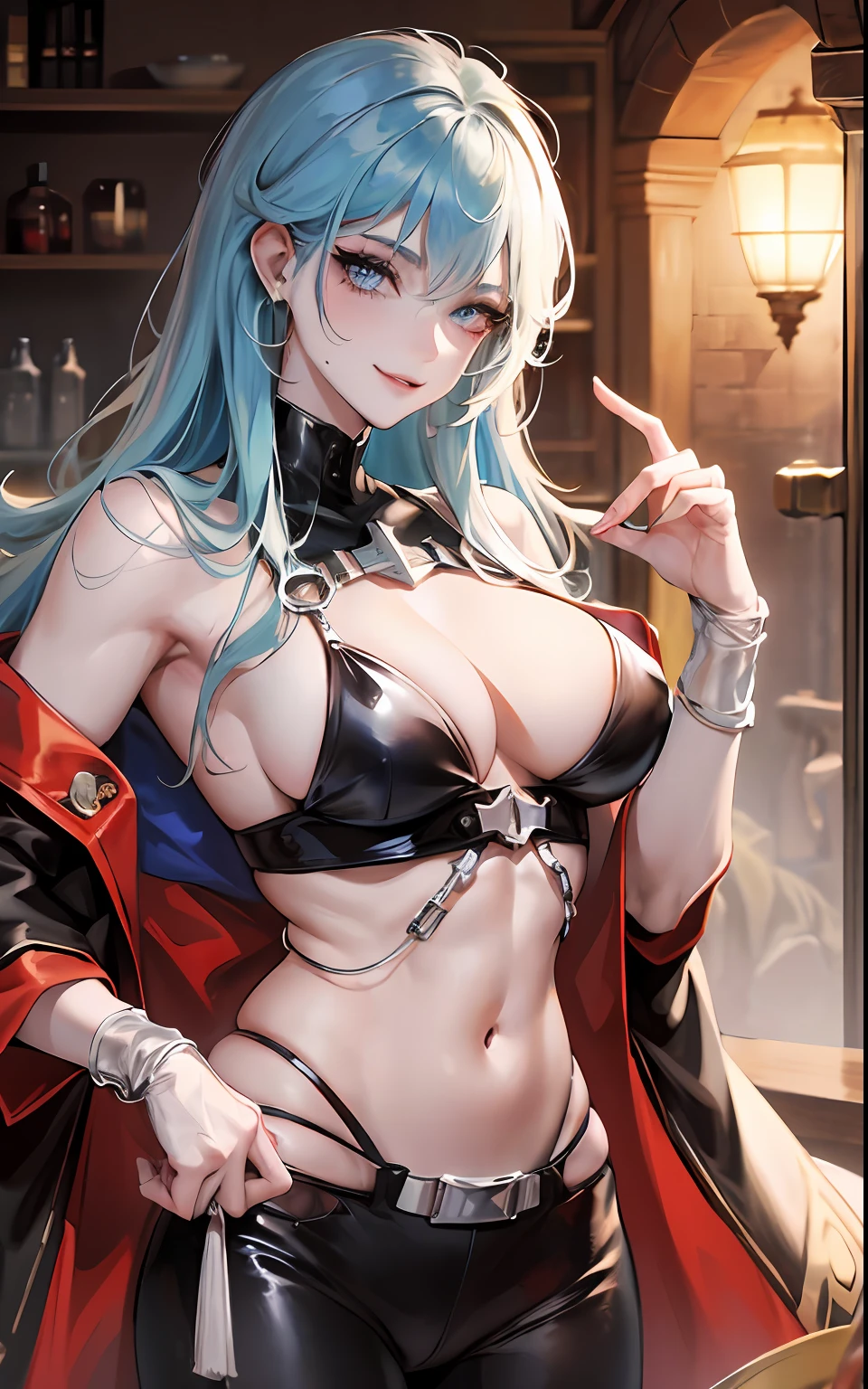 mtu, mascular, Masculine face, big breasts enchanting, musculous, ((1人)), tmasterpiece, absurderes, Best quality at best, Complicated details, (shiny skins, shining body, Shiny oily glowing skin, shinny hair, Pale complexion), the sunset, Attractive, (musculature)), AS-Adult, an Quority,Medieval clothes, 耳Nipple Ring, Black pantsuit, Not looking at the view, Perfect and detailed face, Perfect and meticulous hands, banya,The demons,eBlue eyes,((MLS)),pervert smirk,medium large shoot