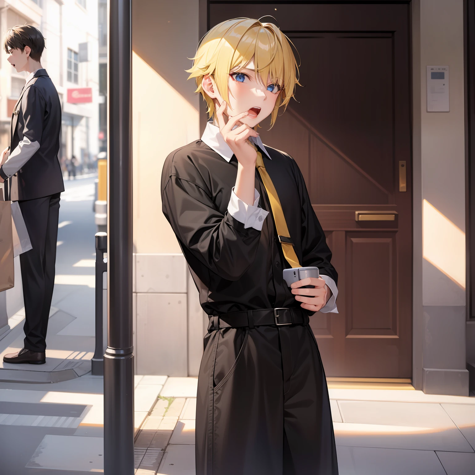 (A 20-year-old boy),((The mouth is slightly open and ready to speak)),(Yellow hair),Face the lens,On the street