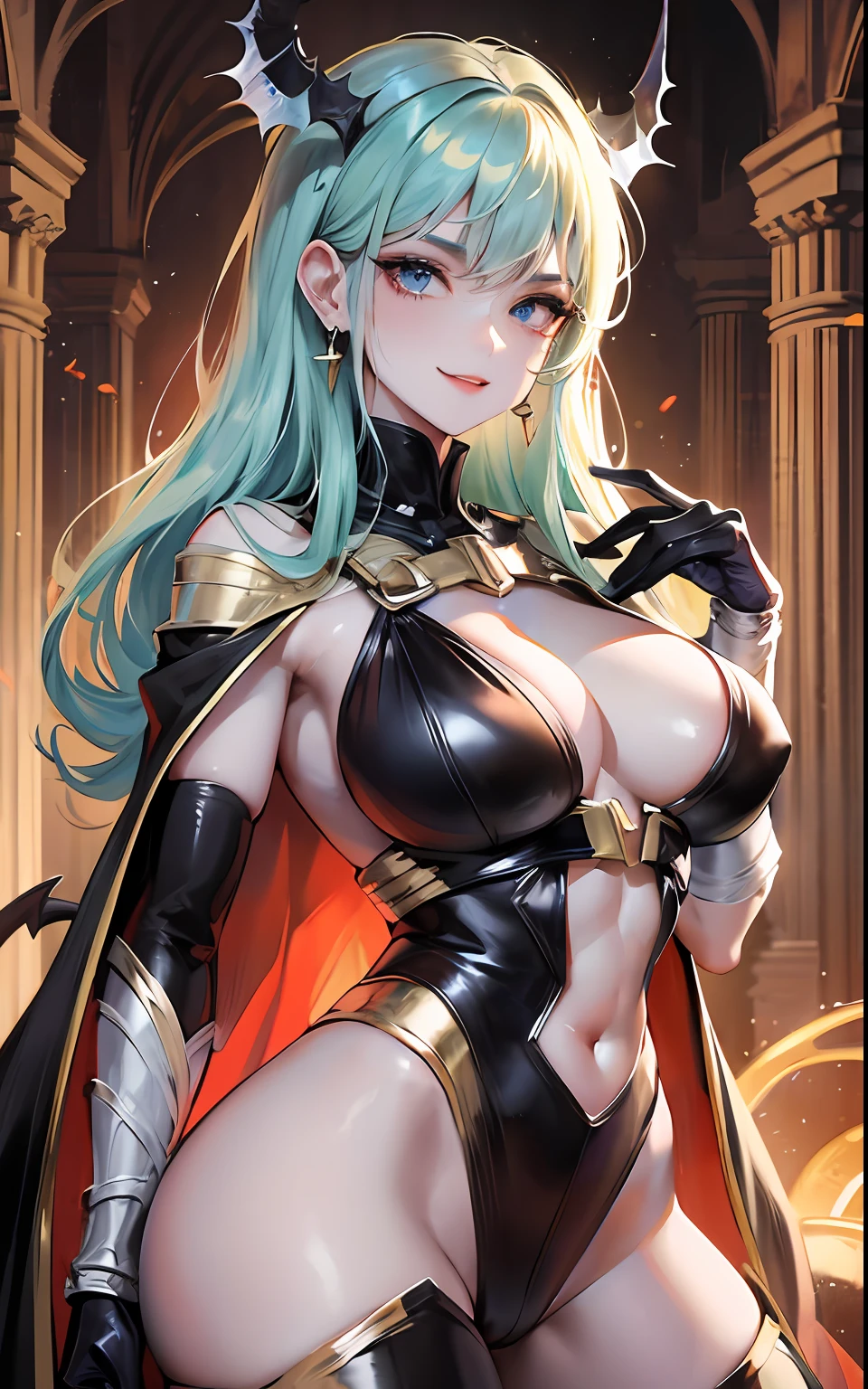 mtu, mascular, Masculine face, big breasts enchanting, musculous, ((1人)), tmasterpiece, absurderes, Best quality at best, Complicated details, (shiny skins, shining body, Shiny oily glowing skin, shinny hair, Pale complexion), the sunset, Attractive, (musculature)), AS-Adult, an Quority,Medieval clothes, 耳Nipple Ring, Black pantsuit, Not looking at the view, Perfect and detailed face, Perfect and meticulous hands, banya,The demons,eBlue eyes,((MLS)),pervert smirk,medium large shoot