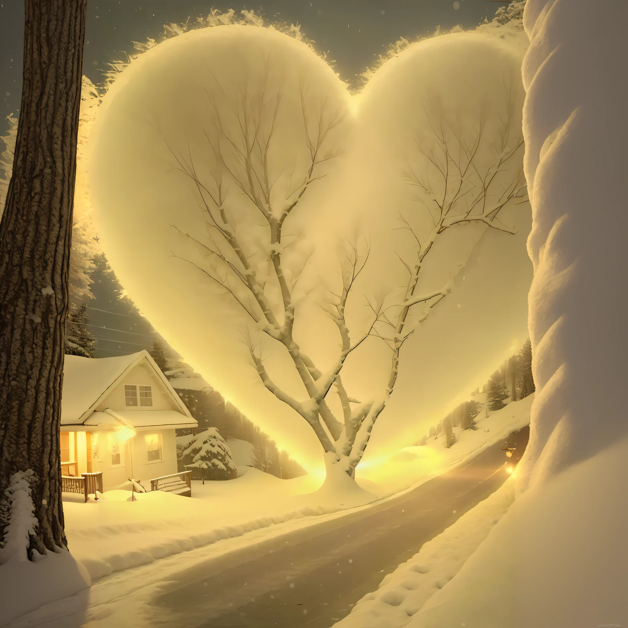 There is a heart-shaped tree in the middle of the snow path, fantasia de cena de inverno, glowing snow, snow glow, Very Beautiful Digital Art, beautiful image ever created, beautiful digital art, Beautiful!, winter setting, soft light of winter, Beautiful!!!, Inspired by Gediminas Plankevichus, author:Gediminas Pranckevicius