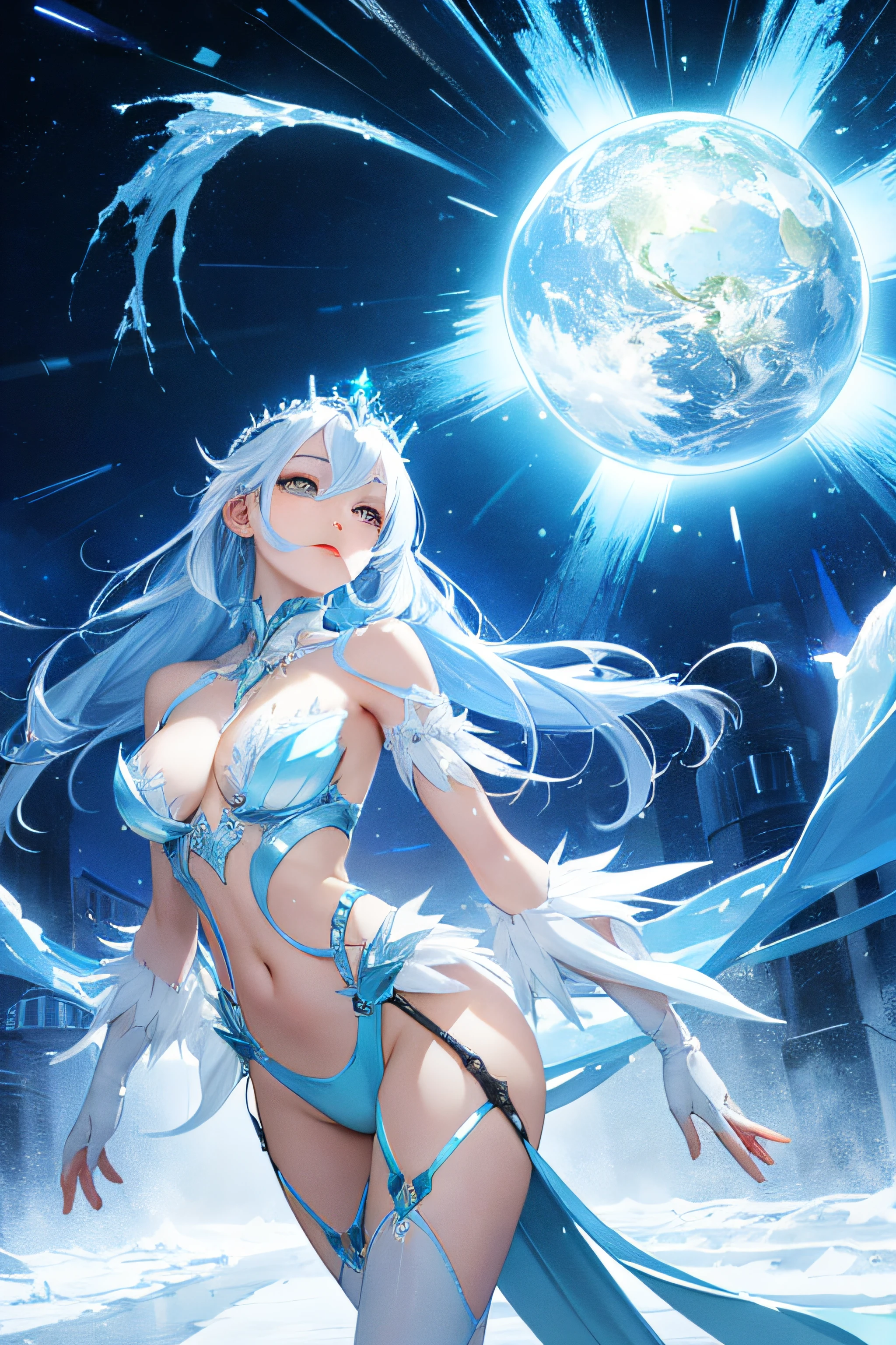 absurdres, highres, reflection, refraction:1.4, ultra detailed:1.4, (photorealistic:1.4, ultra high res, RAW photo), super wide angle BREAK, Illustrate an ice queen, with the power to control ice and snow, creating a realm of frozen beauty and chilling elegance. BREAK, Capture the modern techniques of digital art, with smooth gradients, vector shapes, and a sleek, polished appearance. BREAK, Design a digital fantasy artwork, with surreal elements, futuristic themes, and a striking visual impact.