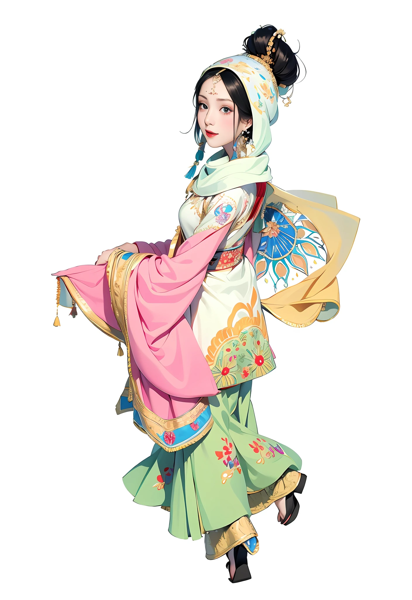 Hui girl with a turban、Gorgeous headscarf、Pattern、patterned、Textile technology、Embroidery skills、White skin of the、Clear and bright eyes、Pure、tact、thick eyeslashes、Elegant traditional clothing、Gold thread decoration、elegant、taste、Handmade embroidery needles、observant、Embroidery work、skilled、Detailed and precise patterns