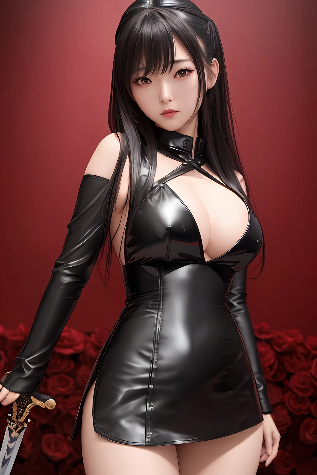 Sexy Japan woman in black leather dress with sword and rose petals, a short skirt、Beautiful facial features、Beautiful bust、Ultra mini skirt、I can see the white panties、beautiful thigh、poneyTail、Beautiful panties、There is a village frame pure like、Beautifully constricted waist、Beautiful belly button、 by Yang J, ig model | ArtGerm,Beautiful Kasumi Arimura、 Trending on CGSTATION, beautiful alluring anime woman